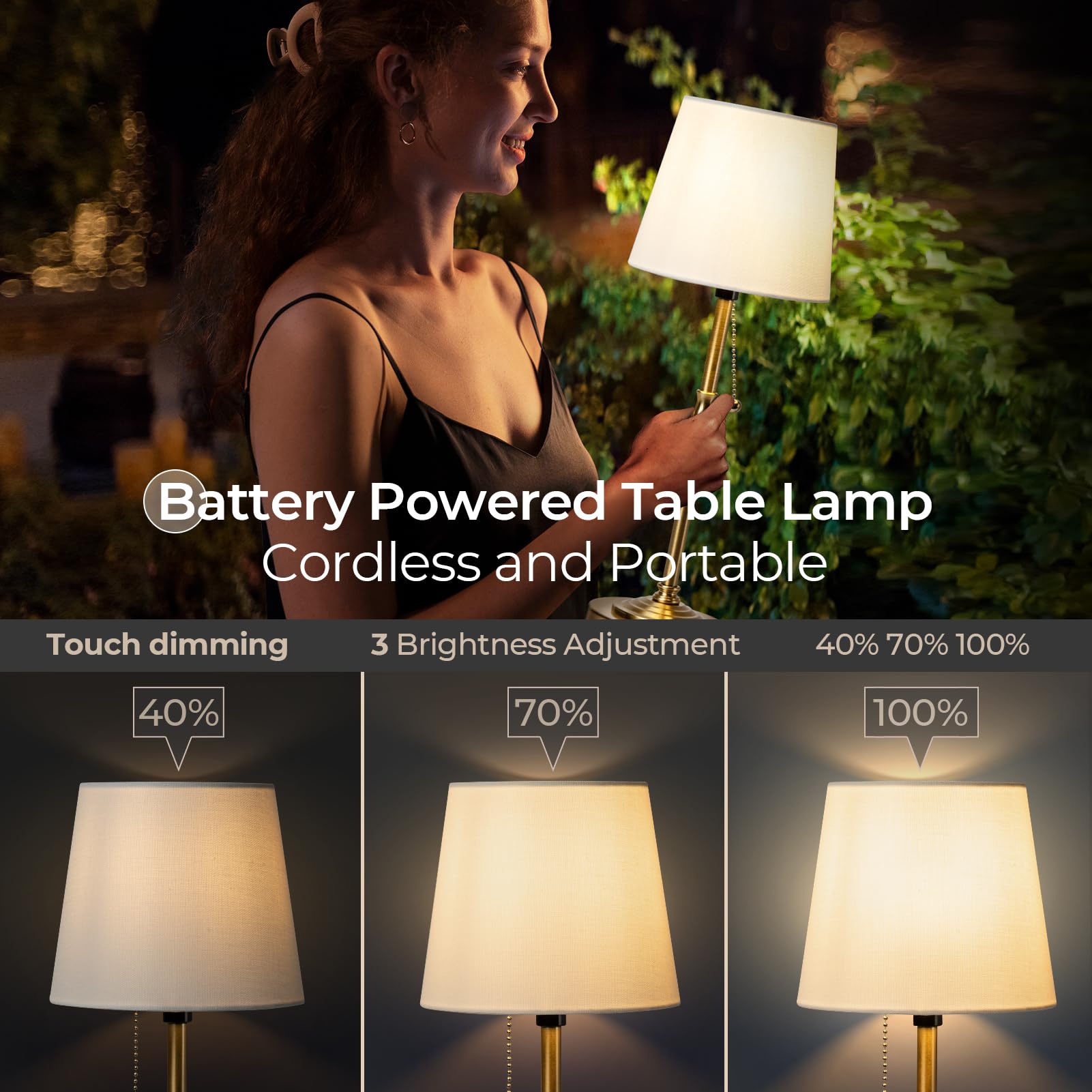 Nurforta LED Table Lamp - Rechargeable Brass Cordless Night Lamp, 3 Level Brightness for Home, Bedroom, Dining, Camping
