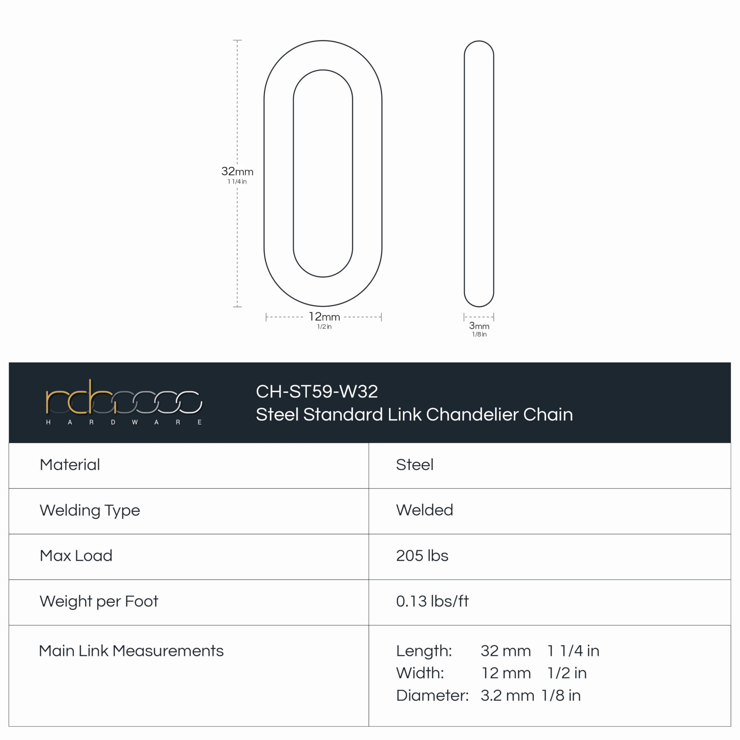 Rch Hardware Ch-S59-04-Blk-10 |9 Gauge Decorative Solid Steel Oval Link Fixture Chain | 10 Foot Increments | Black Finish