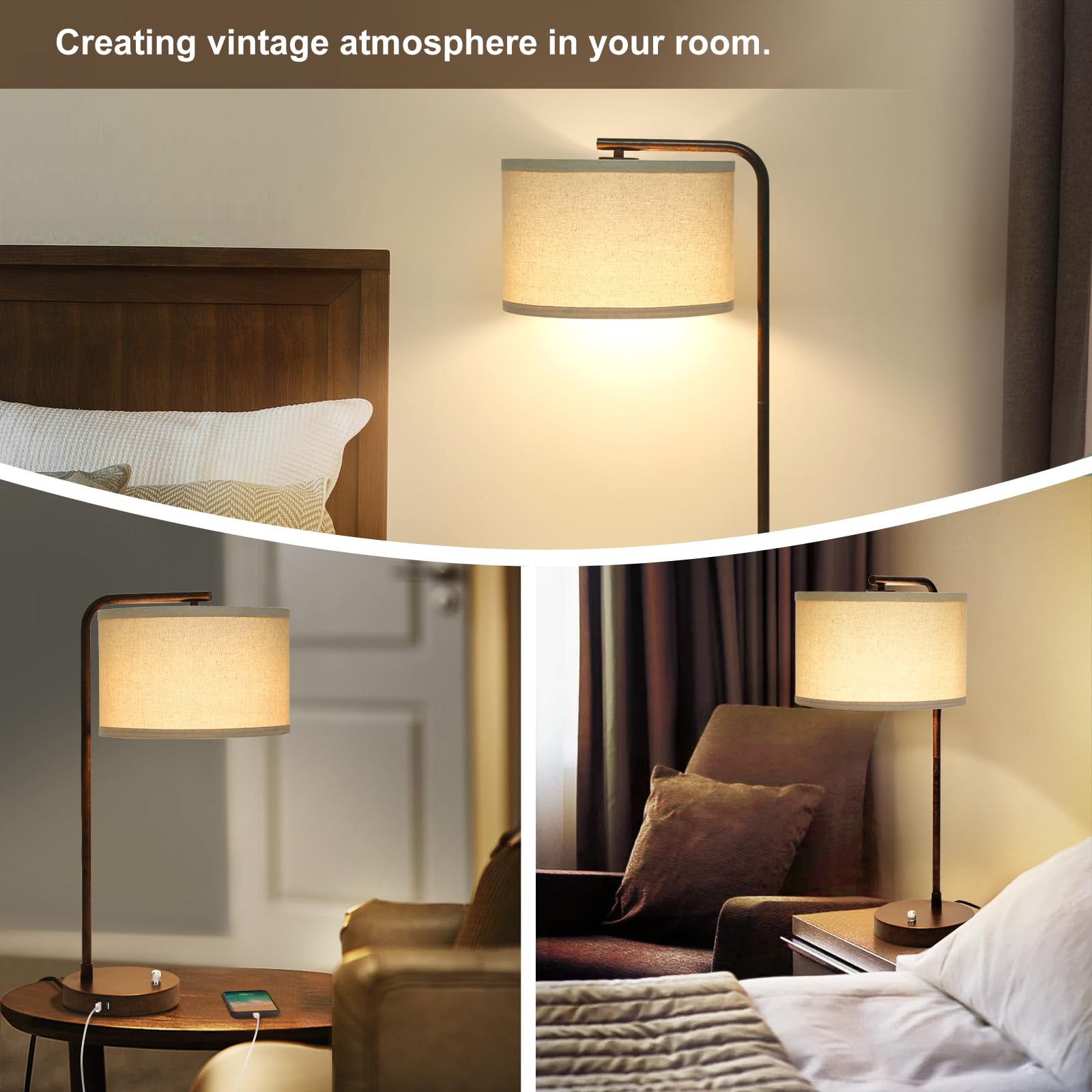 Vintage Table Lamp, Fully Dimmable Table Lamp With Dual Usb Charging Ports, Farmhouse Bedside Lamp Nightstand Light, Tall Readin