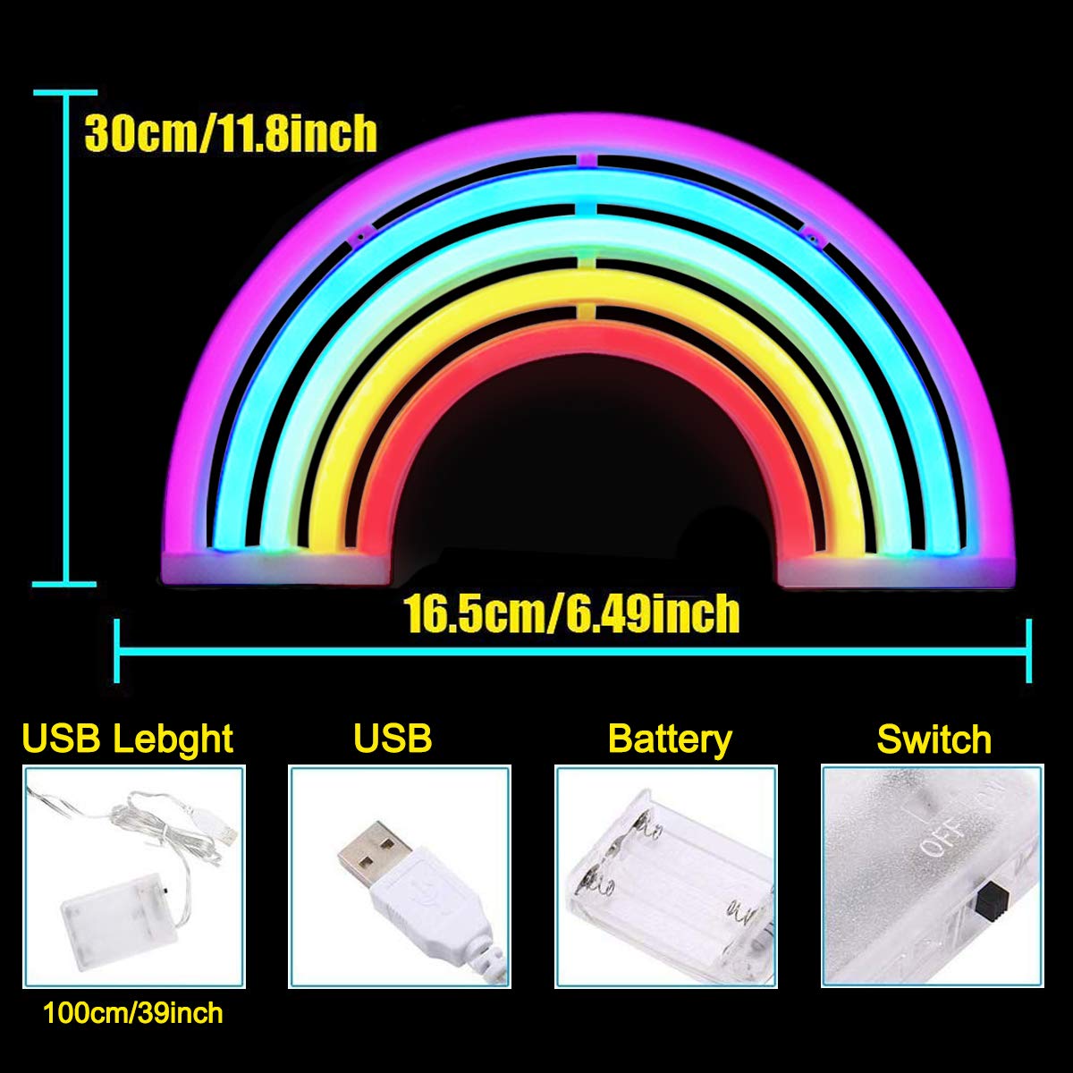 XIYUNTE Rainbow Neon Light - USB LED Wall Decor, 11.8x6.49x1 inches, Plastic, Model VC121-Rainbow-GM