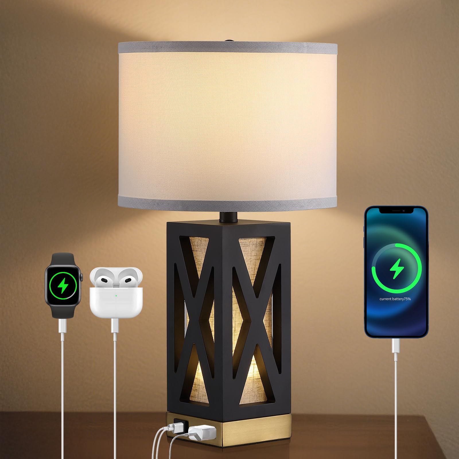 YJSQOEOE Wood Table Lamp with 3 Color Temperatures, Nightstand Table Lamp with AC Outlet, USB A & C Charging Port, Bedside Lamp 