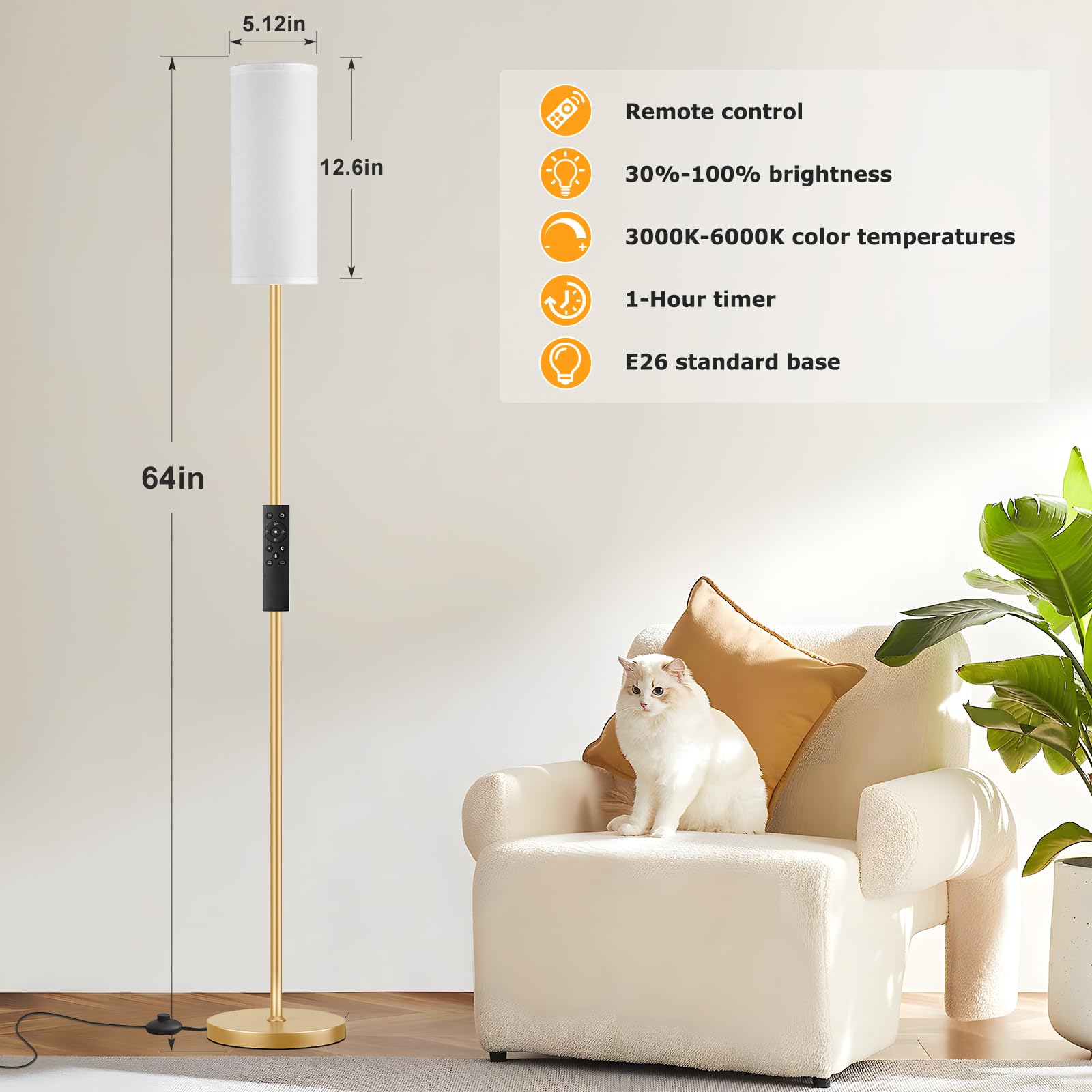 Ambimall 64'' Floor Lamps For Living Room With Remote Control And Stepless Dimmable Colors Temperature & Brightness, 9W Bulb Inc