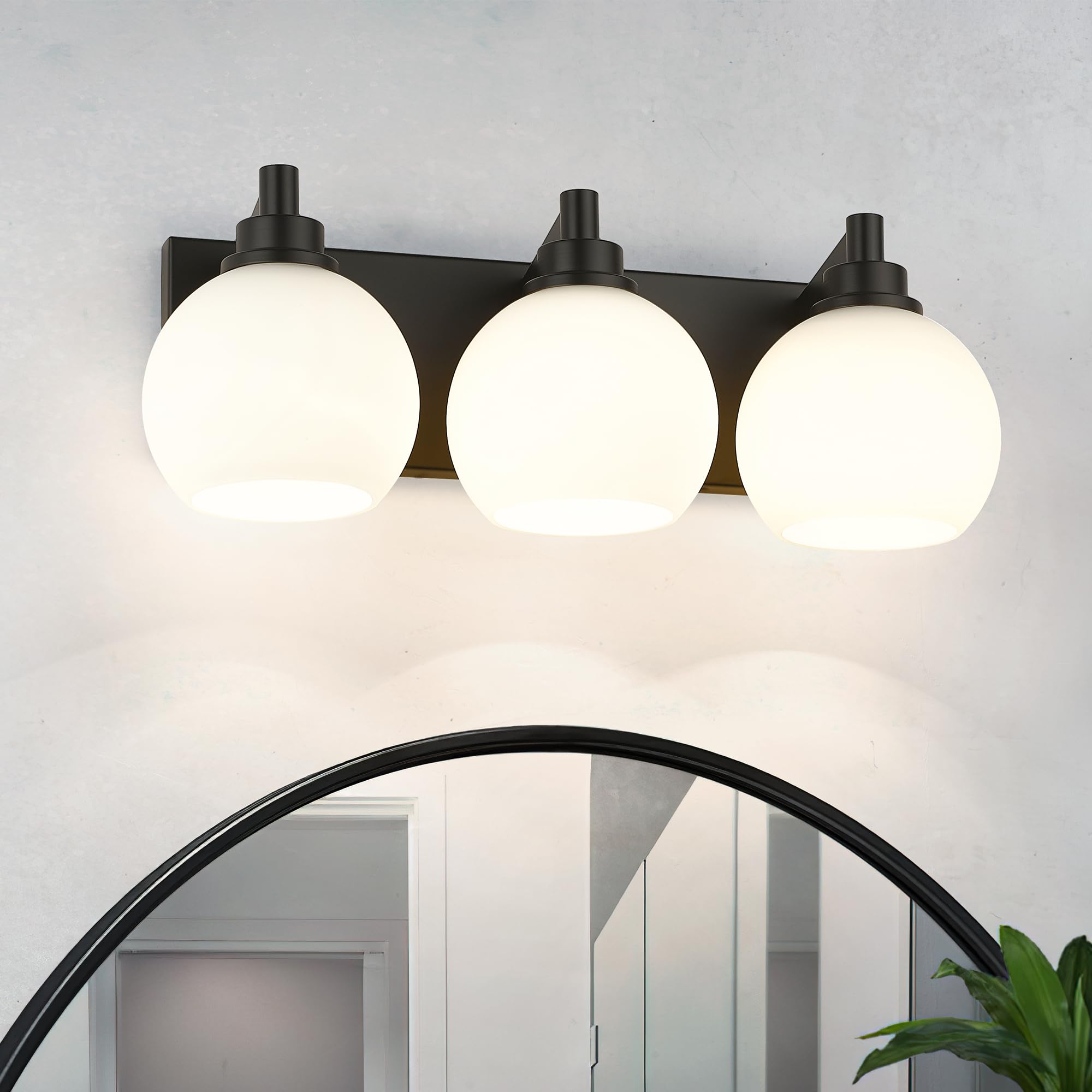 Metwet Bathroom Light Fixtures, 3-Light Matte Black Vanity Light, Modern Wall Sconces With Milk White Globe Glass Shade, Vanity