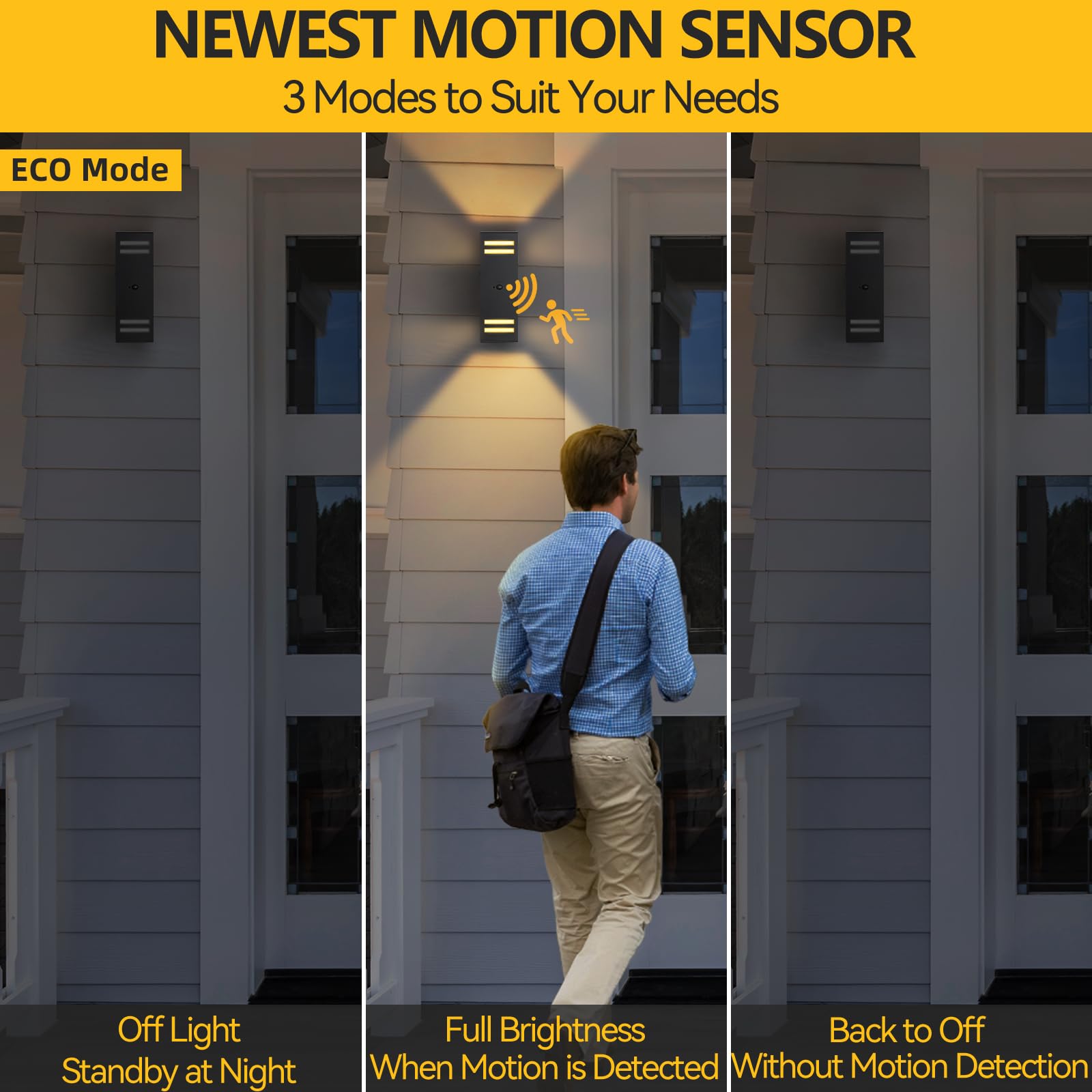 SHIMR Motion Sensor Outdoor Wall Lights, ETL Listed, Aluminum, 2 Pack, Black, Model S1, Dusk to Dawn, LED Bulbs Included