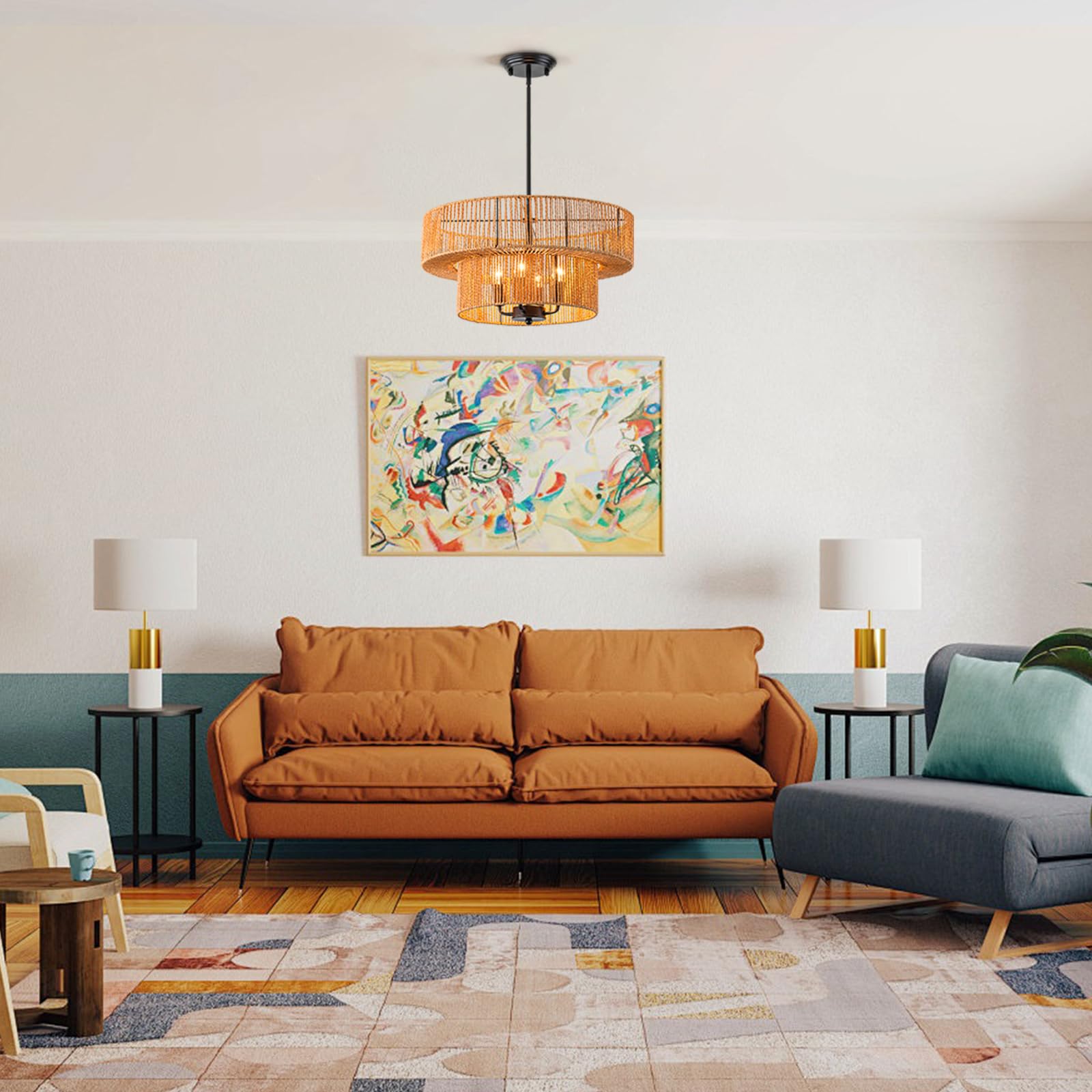 Dsliting Rattan Pendant Light Boho Wicker Chandelier Kitchen Island Lighting 2-Tier Drum Basket Hanging Light Woven Shade Dinnin