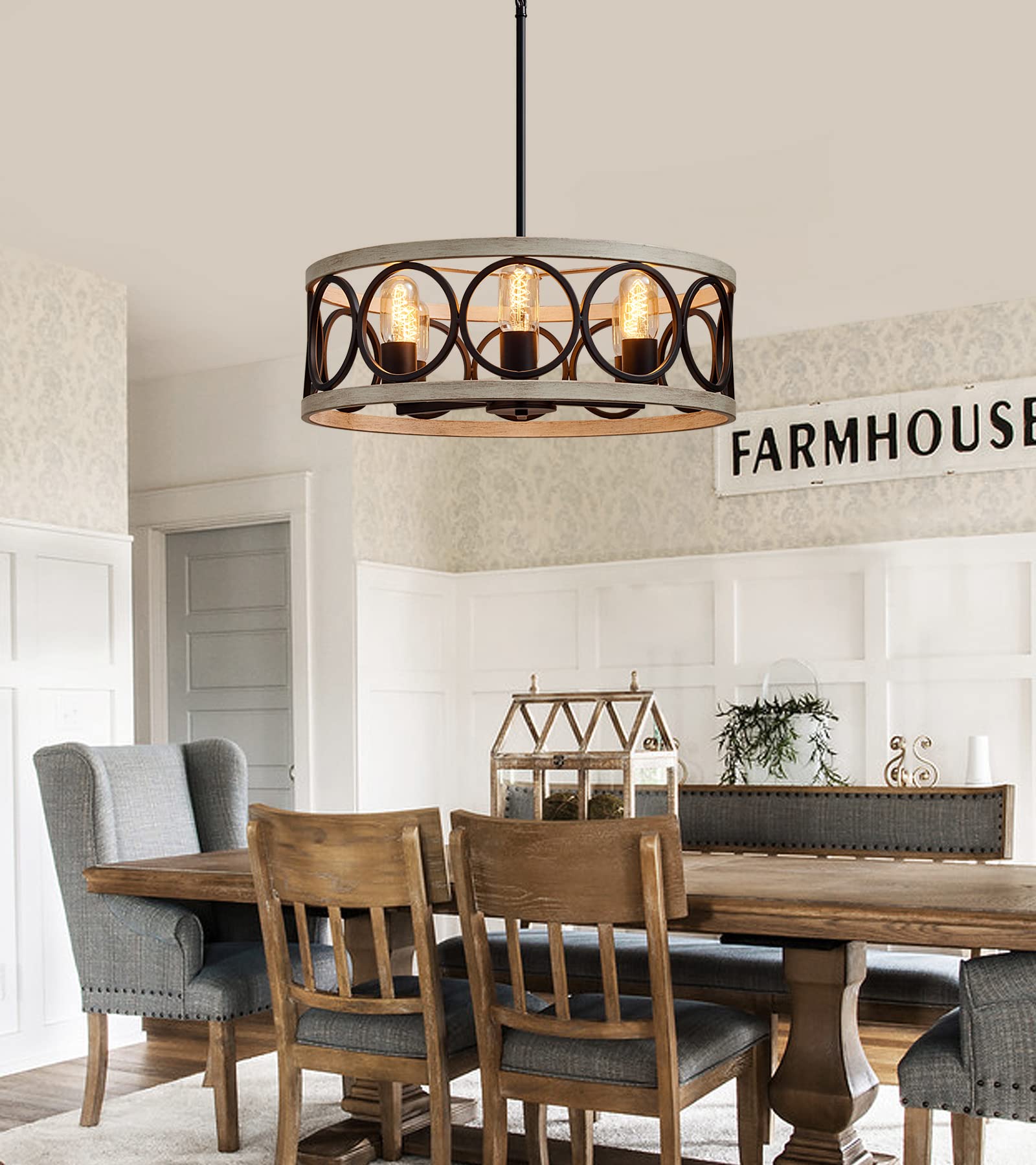 MEIXISUE Modern Farmhouse Drum Chandelier, 6-Lights, Black and White Birch Finish, Rustic Vintage Light Fixture for Kitchen and Dining Room