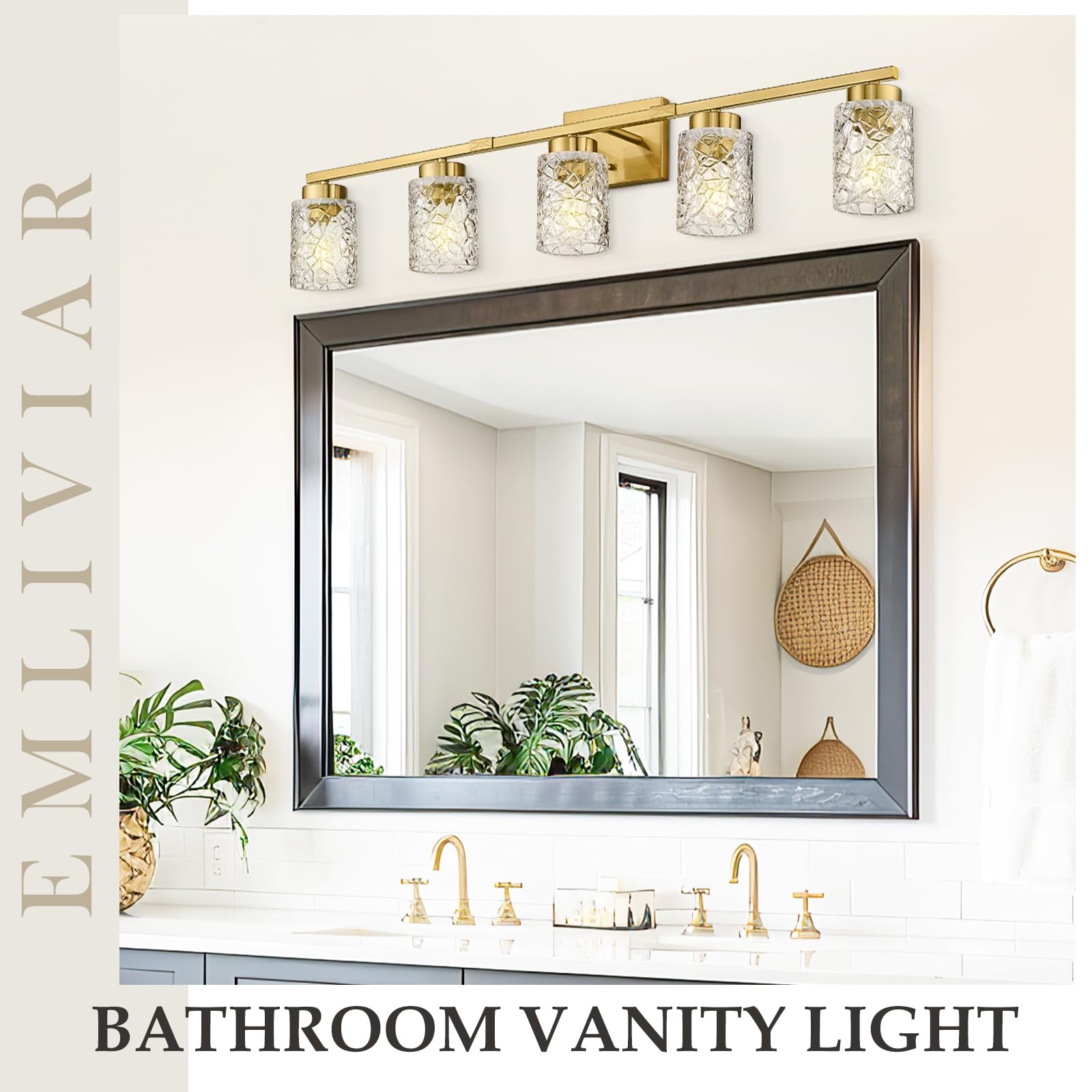 Emliviar 5-Light Brushed Gold Vanity Light With Clear Geometric Glass, 5 Bulb Wall Light Fixture Over Mirror 40 Inch, He294B-5W