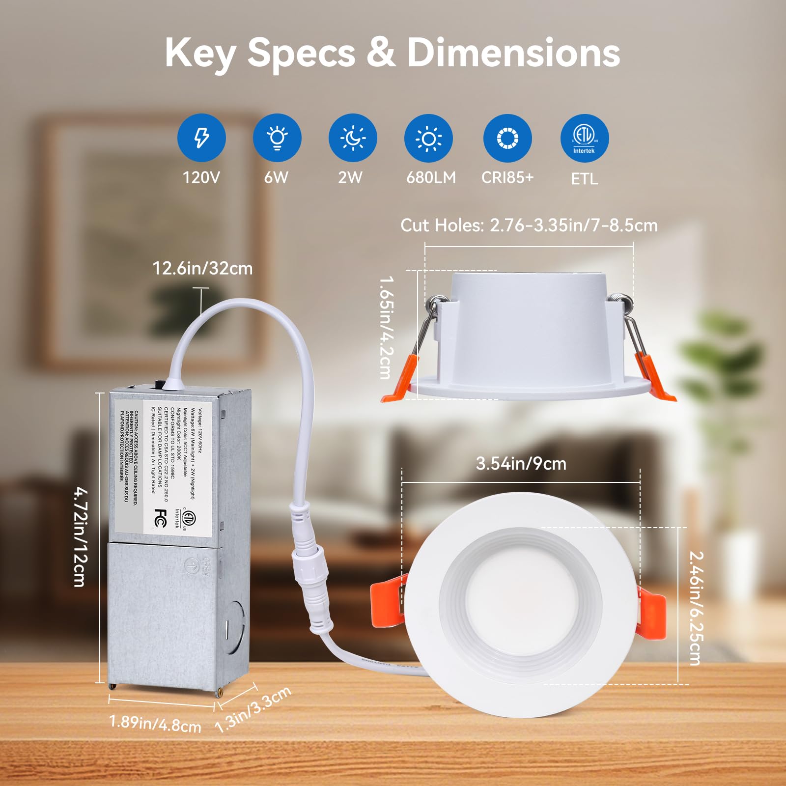Cycevsun 3 Inch Recessed Led Lights  Switchable Night Light & Main Light  5 Color Temperatures 2700K-5000K  Dimmable Canless Downlight For Cozy Home Lighting  6W/2W  Etl  6 Pack