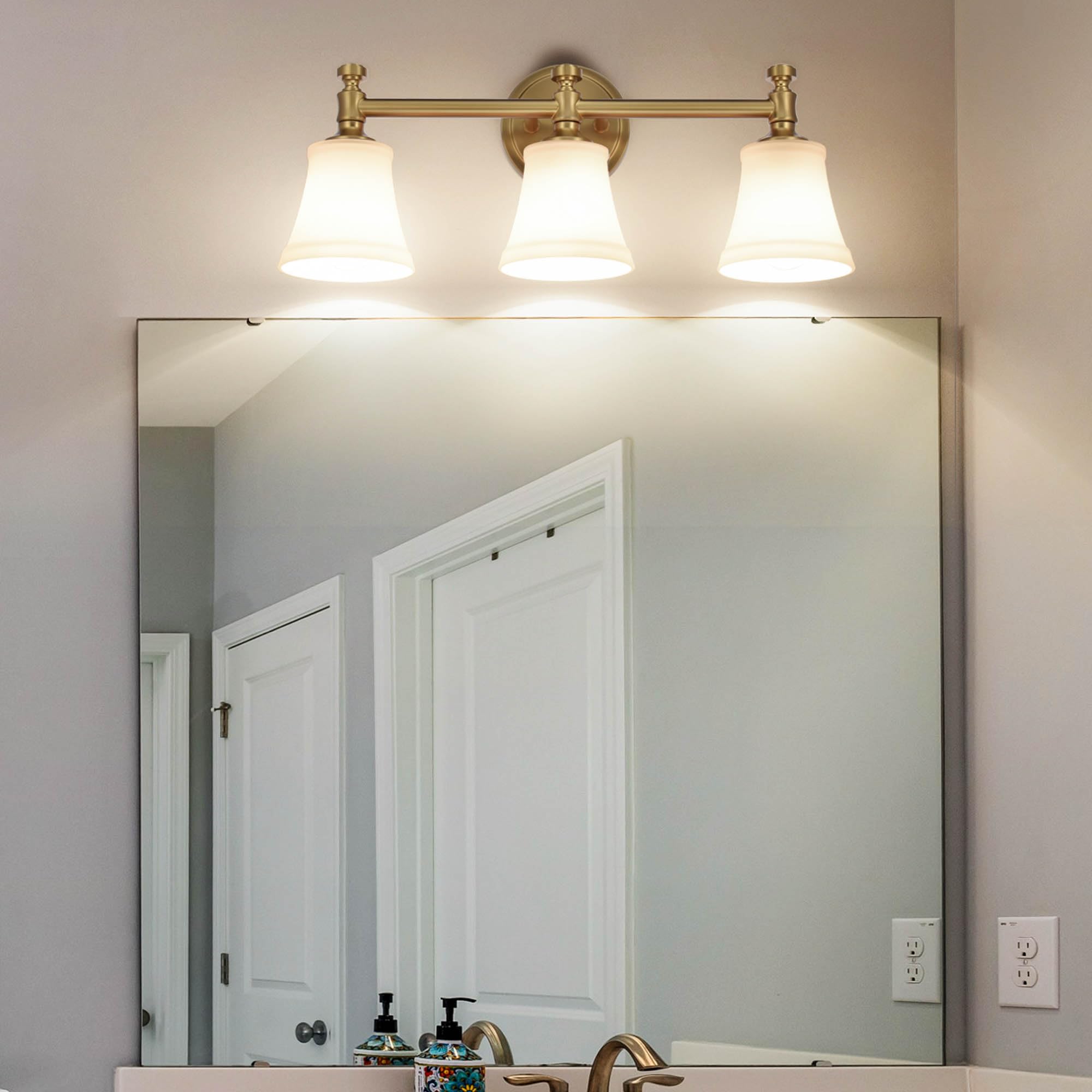 Hanaloa Aged Brass 3-Light Bathroom Vanity Light Fixture with Opal Glass Shade, Model VA0045-3-AGB, Wall Sconce for Porch and Hallway