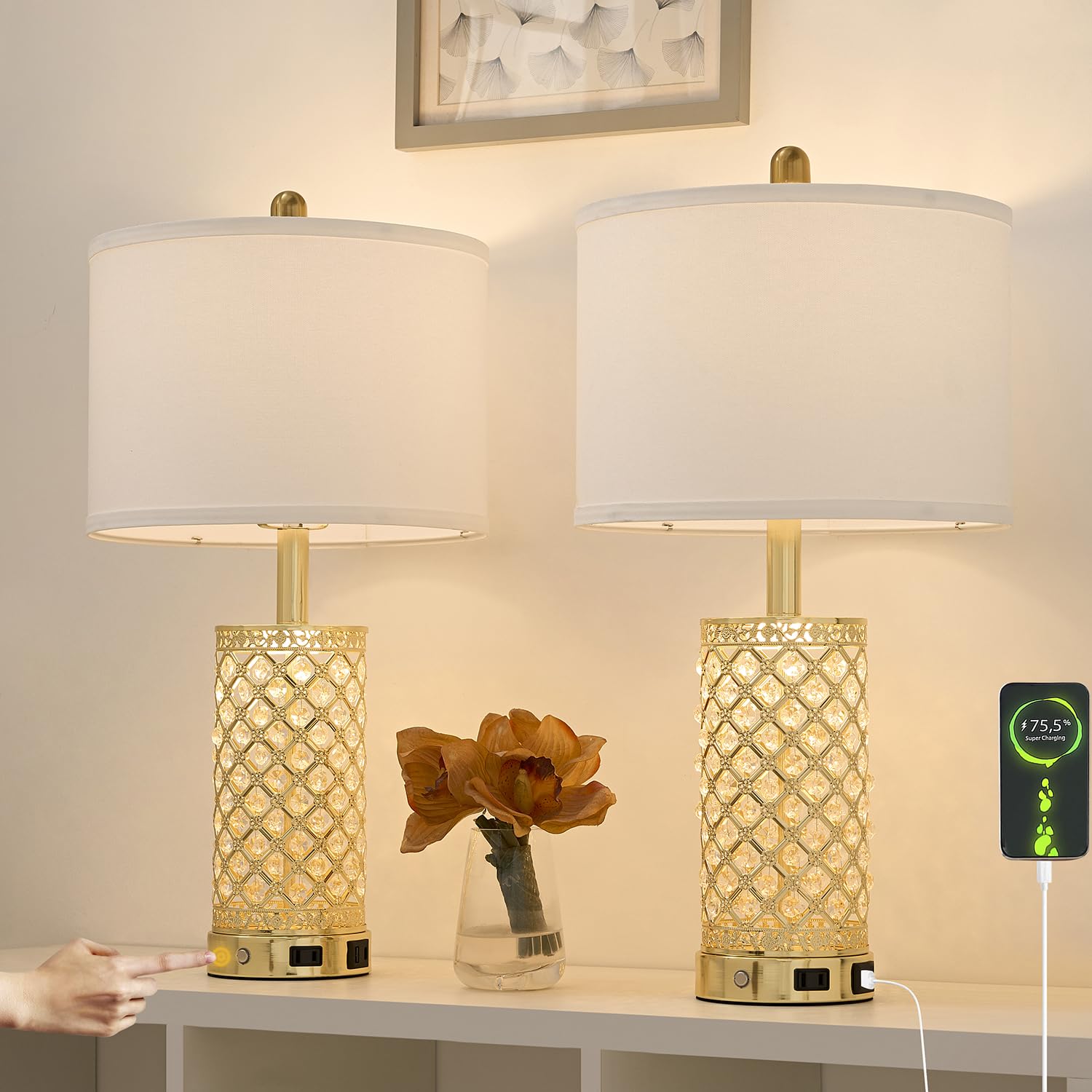 SAIWEYA Crystal Table Lamp Set of 2-24in Gold Bedroom Lamps 3-Way Dimmable Touch Lamp with Night Light  2 USB Ports + AC Outlet Bedside Night Stand Lamp for Living Room (Gold-2 Pack 24In)