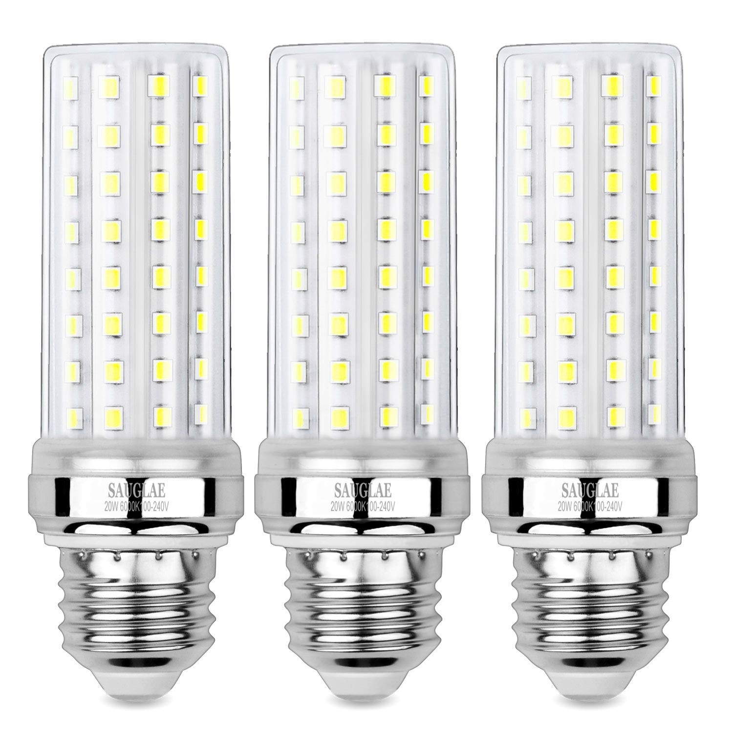 Sauglae 20W Led Corn Bulbs, 150W Incandescent Bulbs Equivalent, 6000K Daylight White, Non-Dimmable, 2000Lm, E26 Edison Screw Light Bulbs, 3-Pack