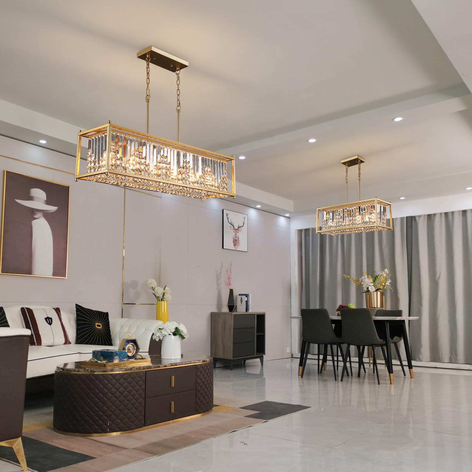 Q&S Gold Modern Chandelier, 4-Light Rectangle Crystal Fixture for Dining Room, Kitchen, Living Room, Office, Model P2016-4B-GD