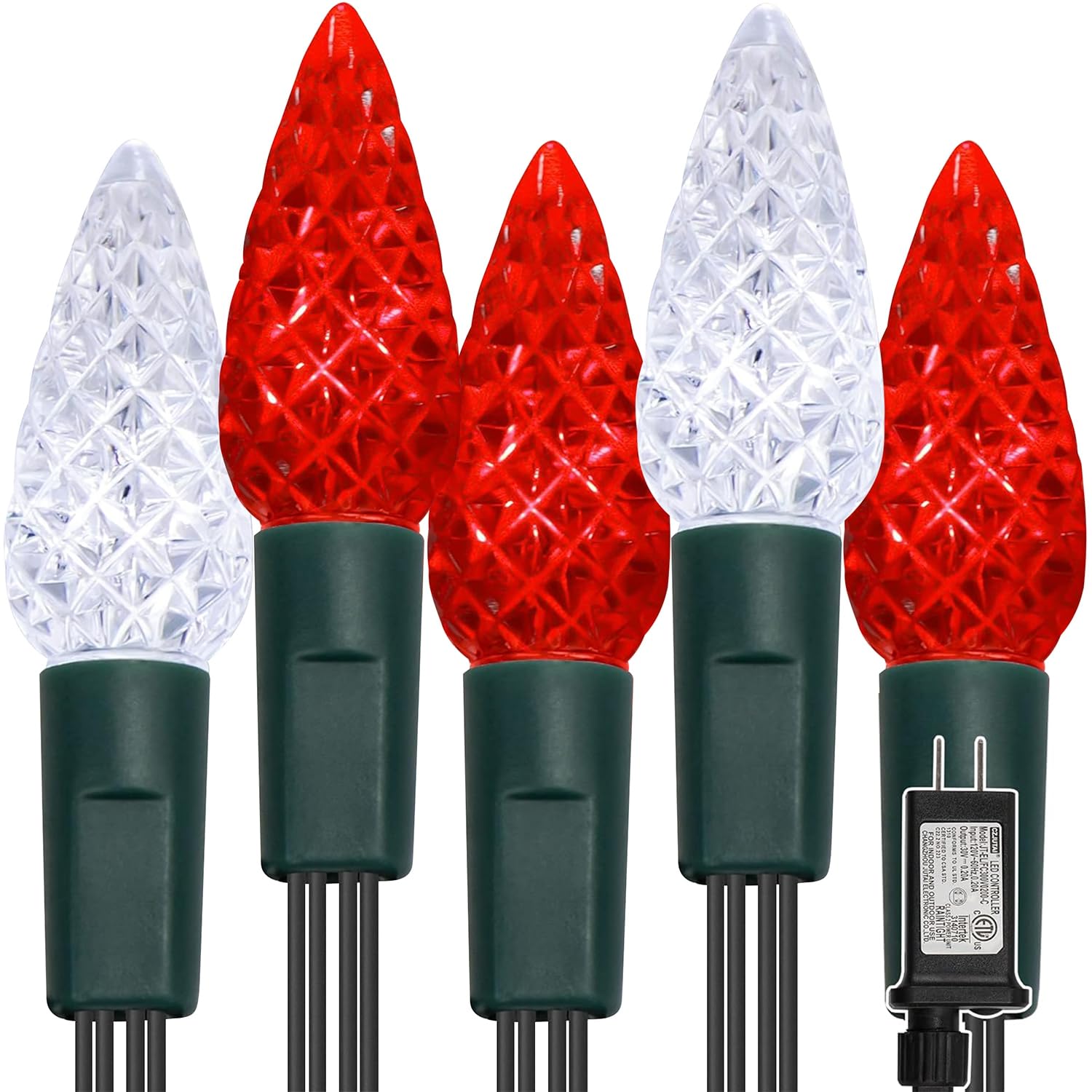 WATERGLIDE C6 Christmas Lights, 100 LED 33ft Faceted Fairy Lights Green Wire String Lights with Safe Adaptor, 8 Lighting Mode, W