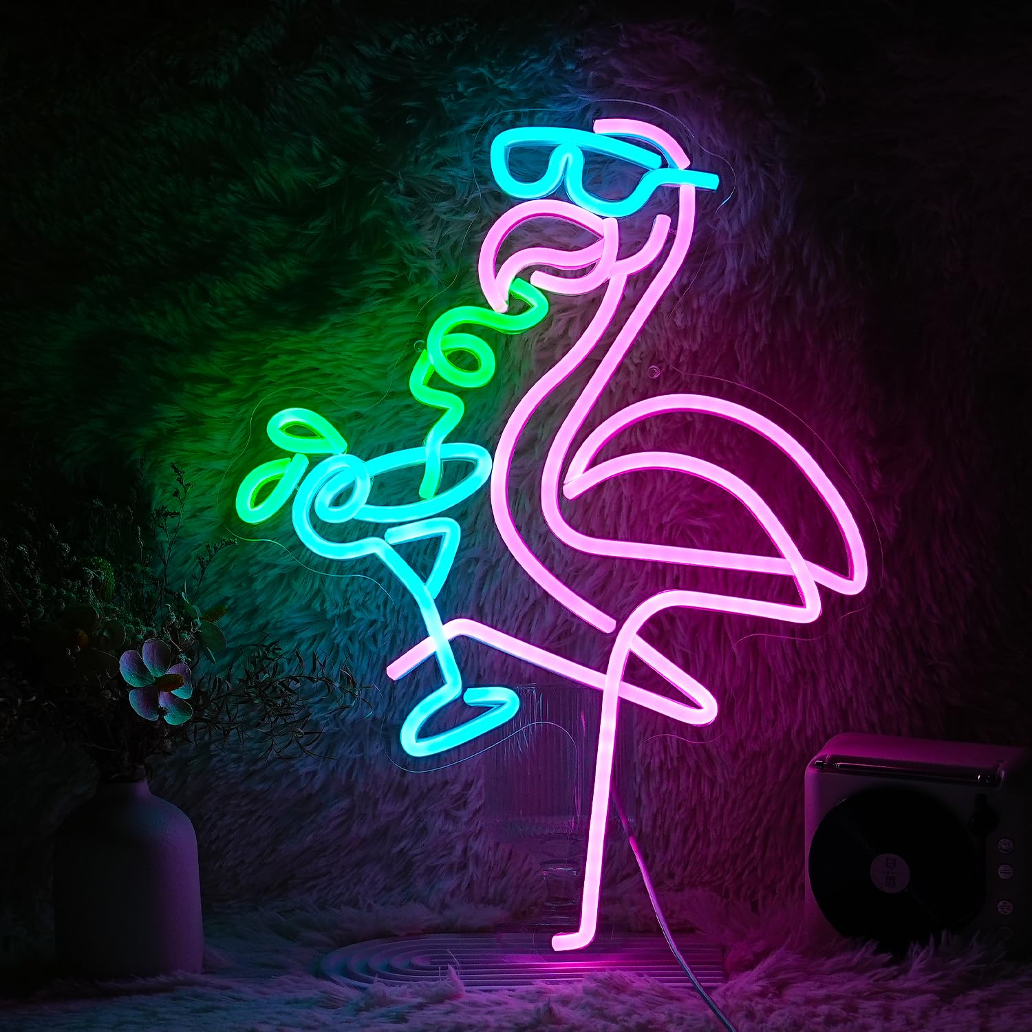 Flamingos Drink Neon Sign LED Cocktail Light Up Sign for Wall Decor Dimmable USB Powered Animal Neon Light for Living Room Kids Room Bar Art Wall Decor (16.7 * 12.8In)