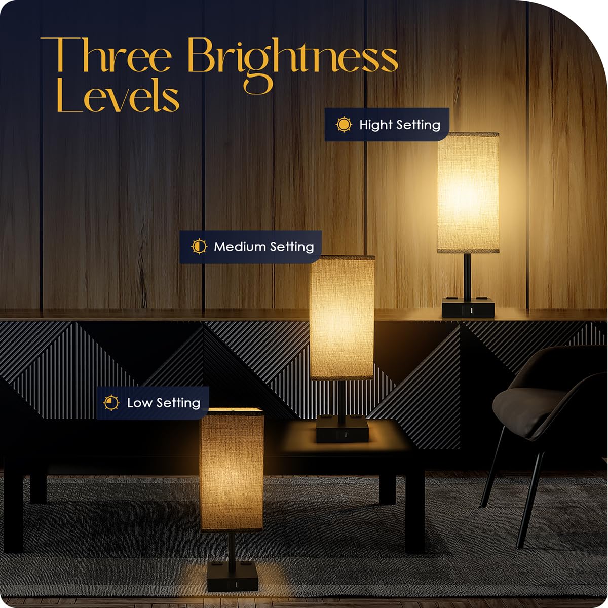 Soilsiu Touch Control Table Lamps Set of 2, Grey Fabric Shade, 3-Way Dimmable, USB C+A Charging Ports, Model TD-016S