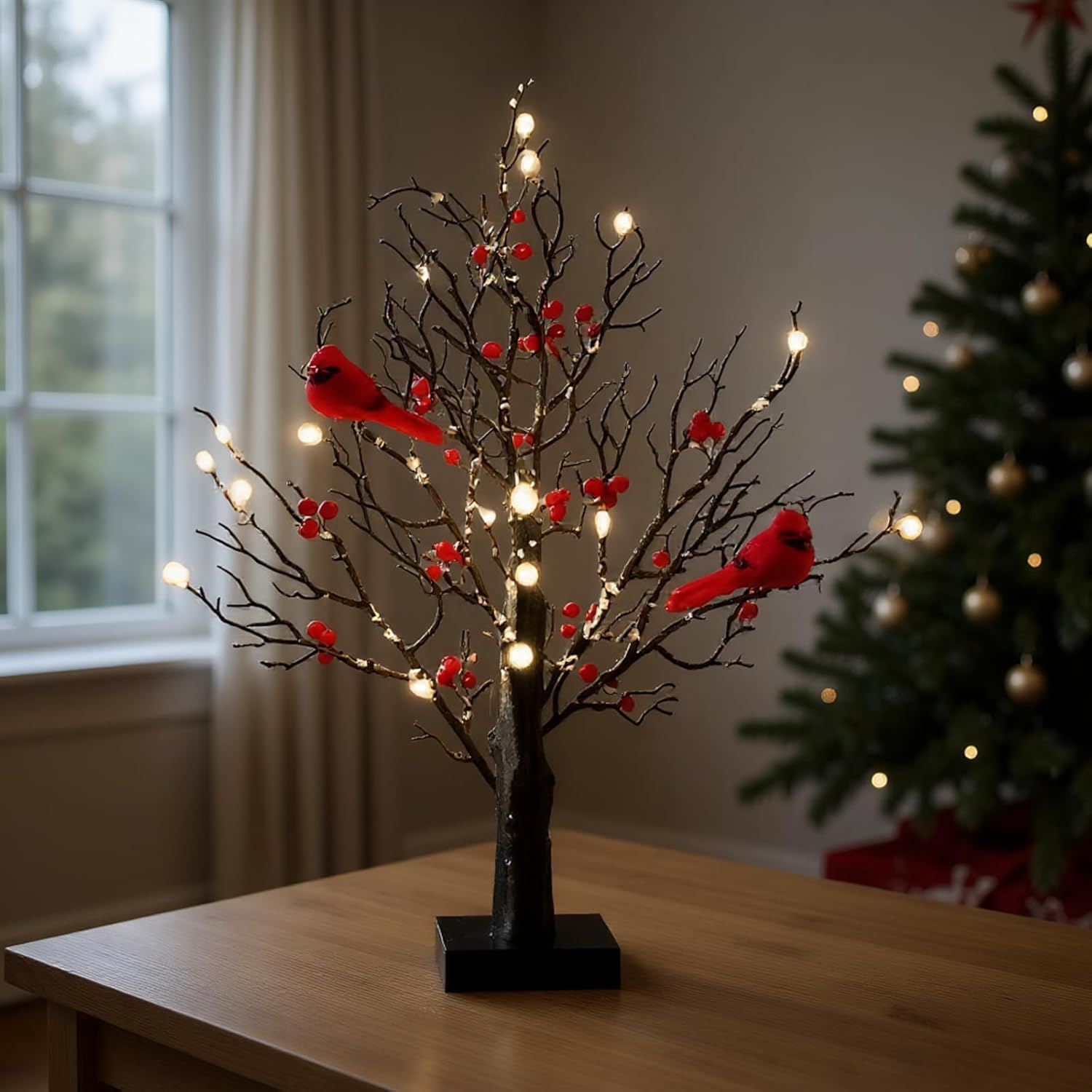 Vintage Glowing Tree With Cardinals  Vintage Glowing Tree  Operated By Battery Twinkle Trees Lamp With Lighted Branches  For Halloween  Christmas-No Batteries