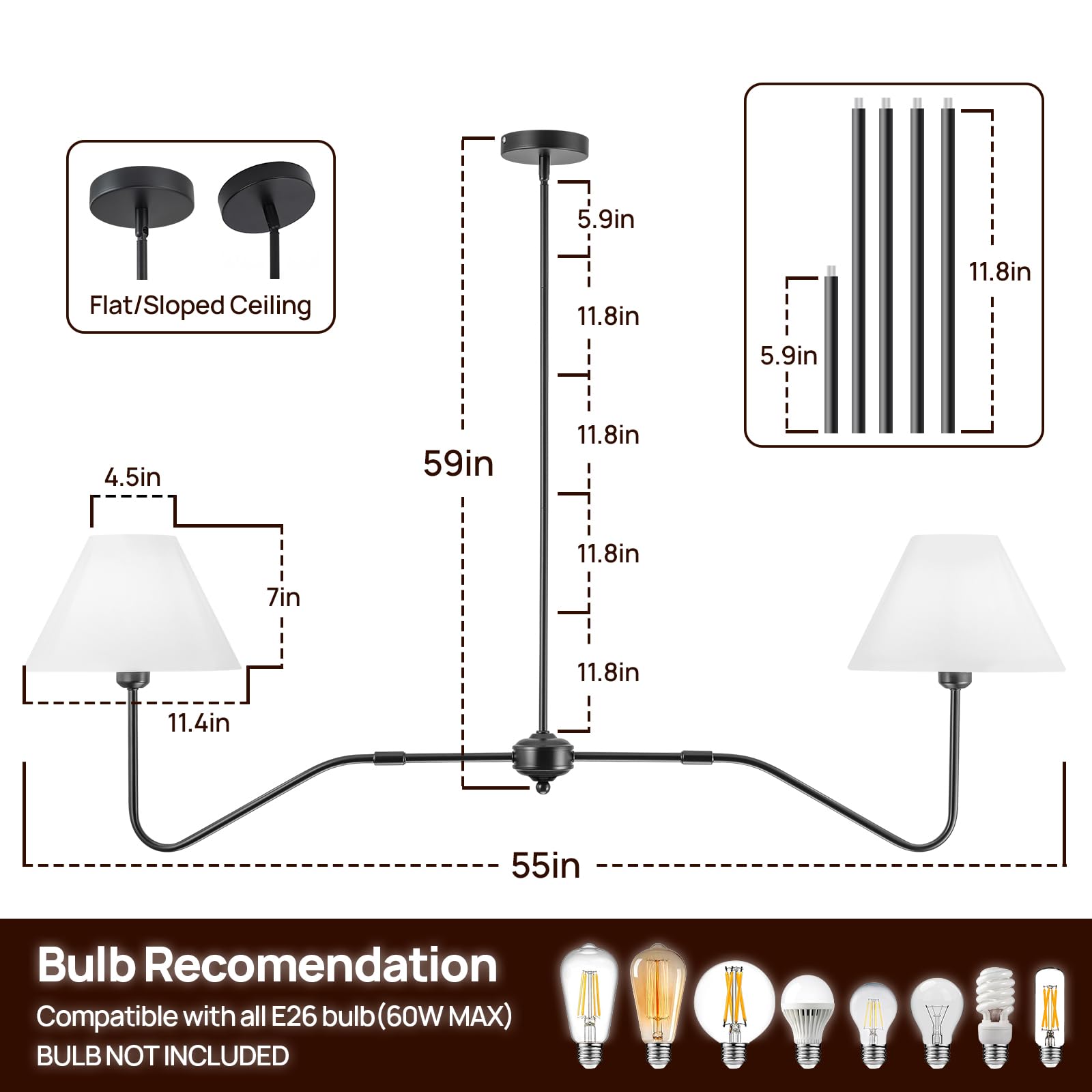 Jsdorsy 2-Light Modern Linear Chandelier For Dining Room  55 Inch Farmhouse Kitchen Island Lighting With White Fabric Shades  Hanging Lighting Fixtures For Living Room Bedroom