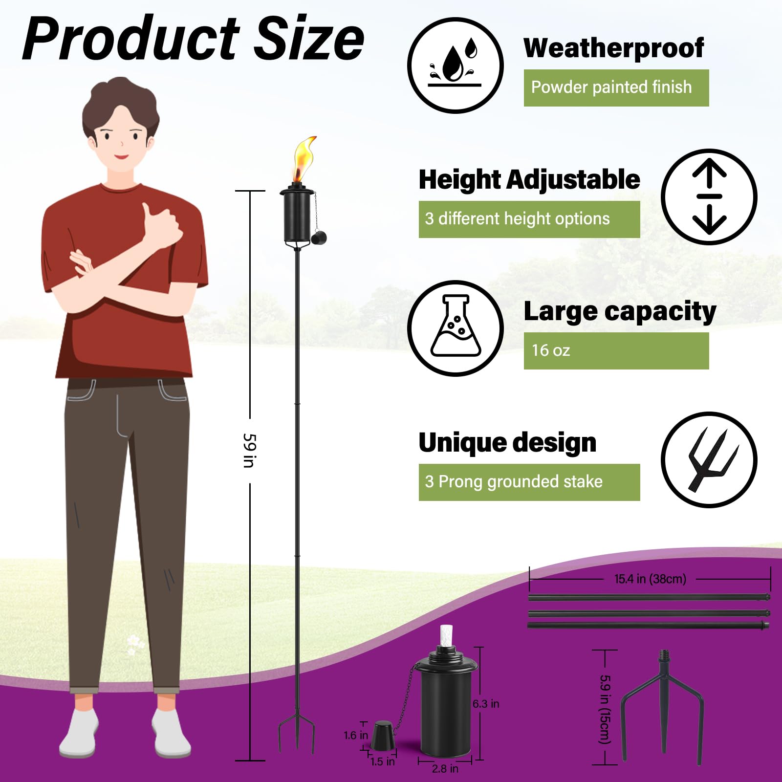 Fan-Torches 4 Pack Metal Garden Torches, 59-Inch Citronella Outdoor Decor For Patio & Parties