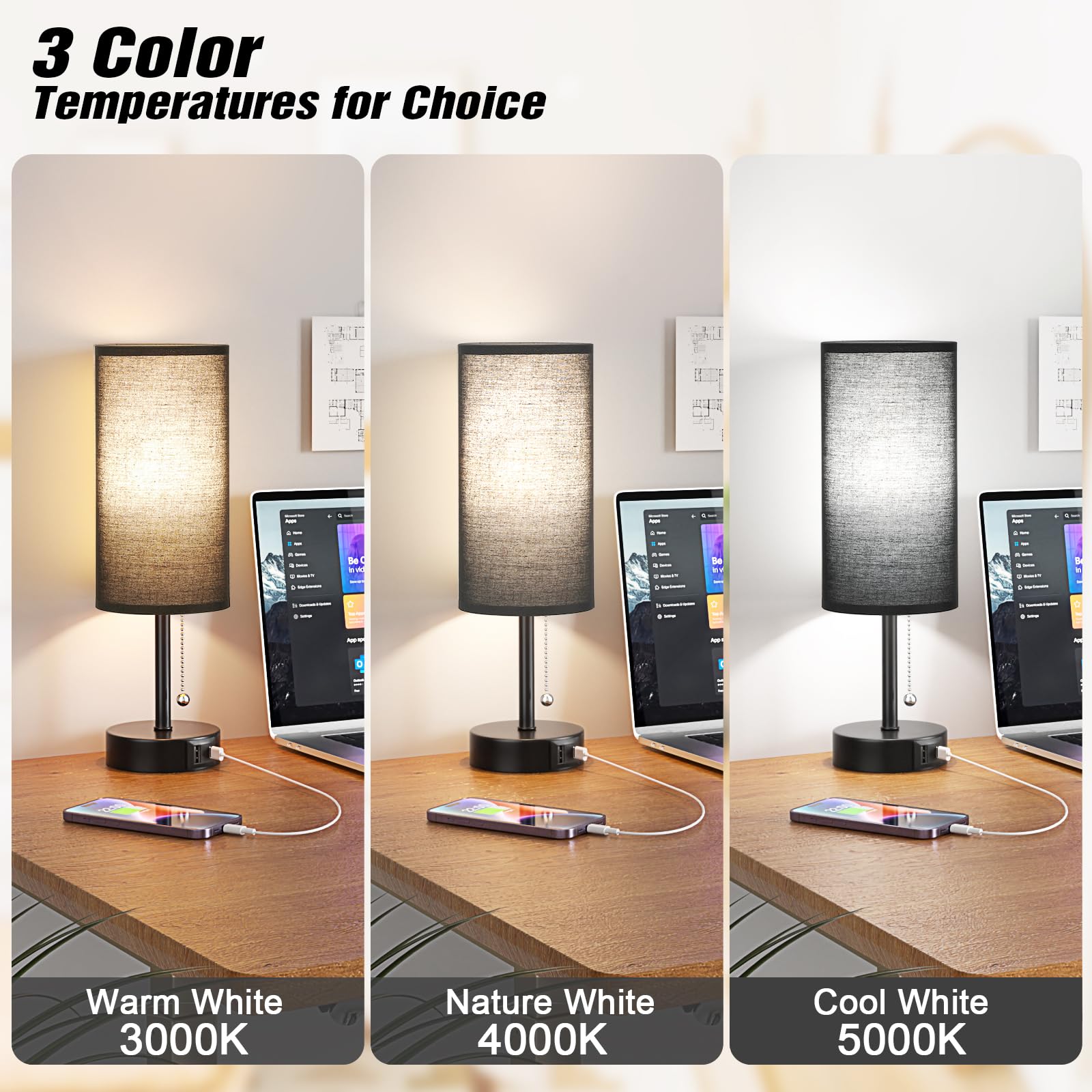 Black Bedside Lamp For Bedroom Nightstand - Small Table Lamp With Usb A + C Charging Port, 3 Color Temperatures Pull Chain Night