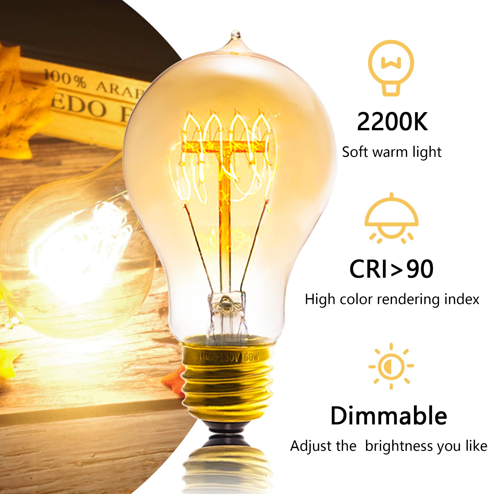 Sevici A19 Dimmable Edison Bulb Pack of 6, Amber Glass, 120V 60W, 2200K Warm Yellow Light, Retro Style, 2.36
