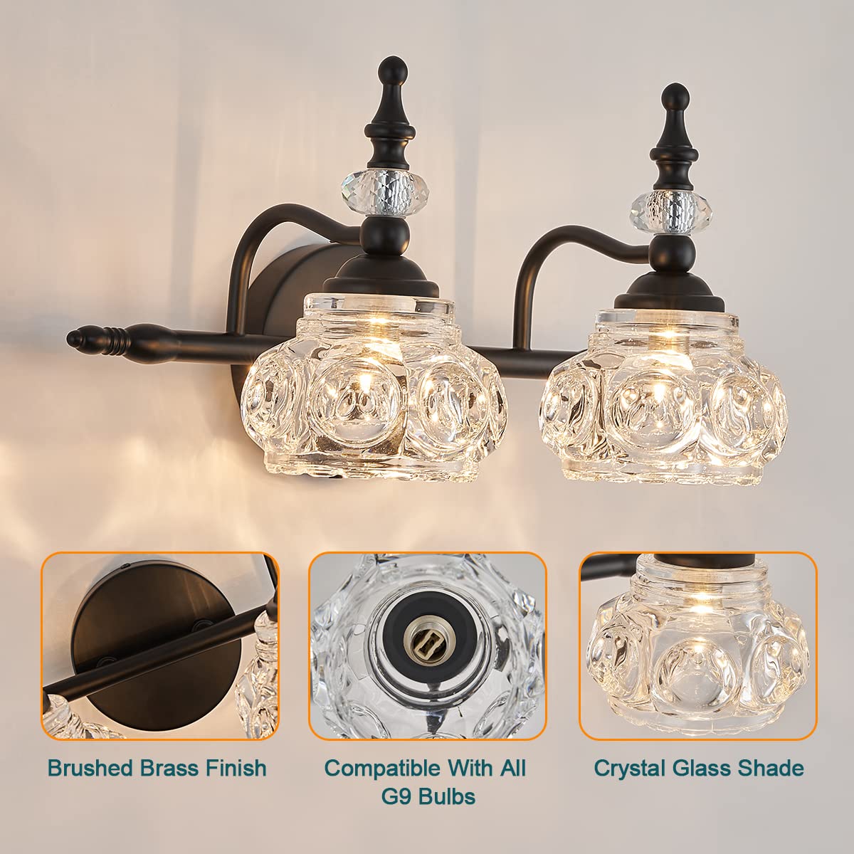 Zilanl 2-Light Vintage Crystal Wall Sconce, Black Finish, Glass Shade For Bathroom & Bedroom