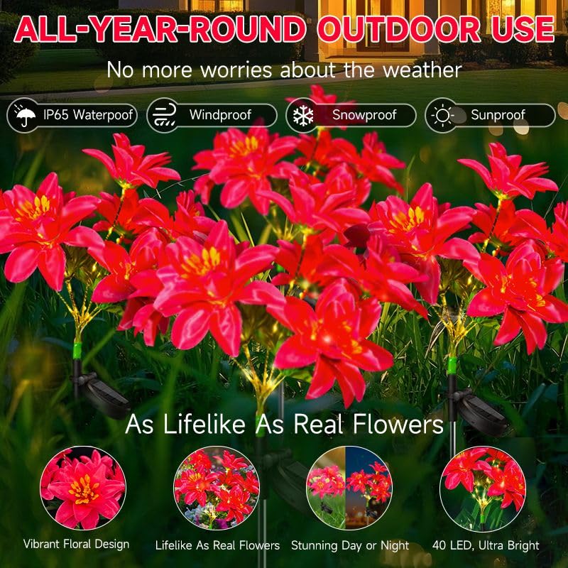 Neporal Solar Flowers Outdoor Waterproof Rhododendron,Garden Solar Lights Decorative 4PK 7-Stem, 2 Lighting Modes, Solar Powered