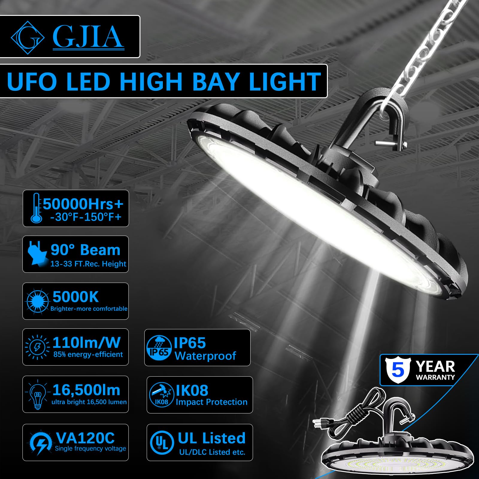 G Gjia 150W Ufo Led High Bay Light & High Bay Led Shop Lights, Ul Listed Va120C 5000K Daylight Commercial Lighting Plug-And-Play
