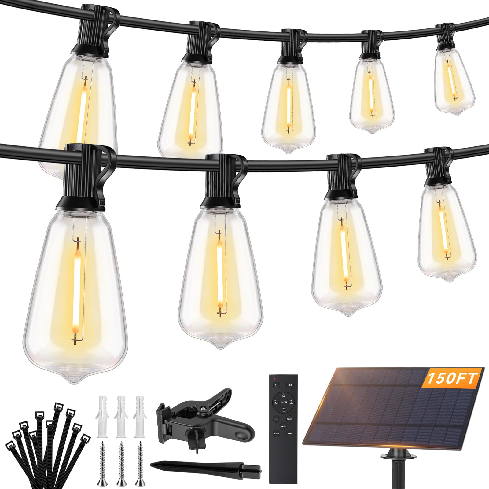 Brightever 150FT Solar String Lights Outdoor Waterproof with Remot, 55+2 Shatterproof ST38 LED Bulbs, Dimmable & 3 Lighting Mode