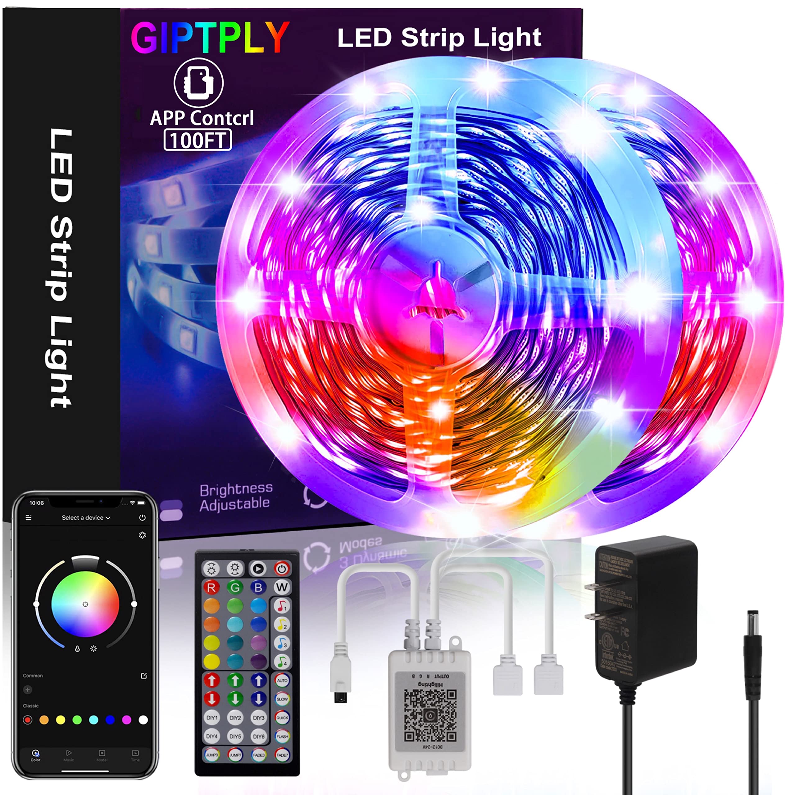 Giptply Led Lights For Bedroom 100Ft, Led Strip Lights, Music Sync Color Changing Led Lights With App And 44 Keys Remote Control