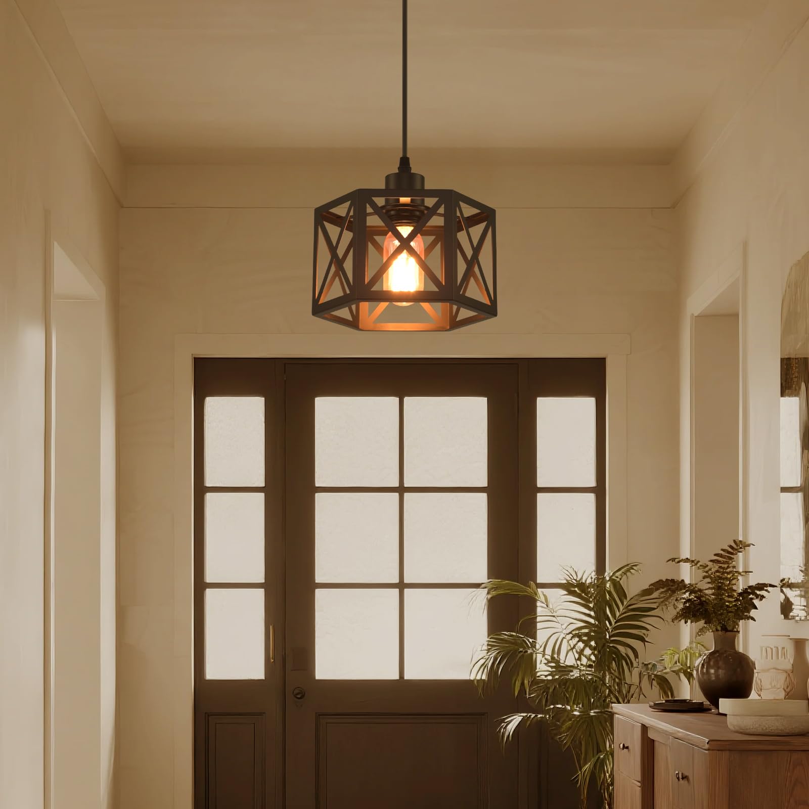 CAFULAM Farmhouse Pendant Light Fixture - 2 Light, Metal, Adjustable Height, Black Hexagon Lantern for Kitchen Island