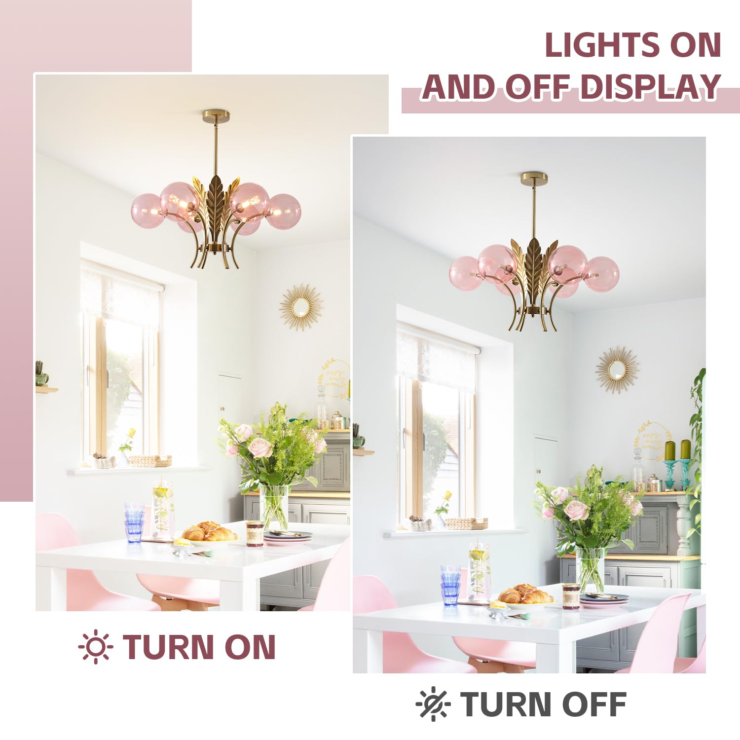 BOKT Modern Sputnik Chandelier 6-Light Pendant Fixture Pink Globe Lampshade BP1128-P for Dining Room, Living Room, Girls Room