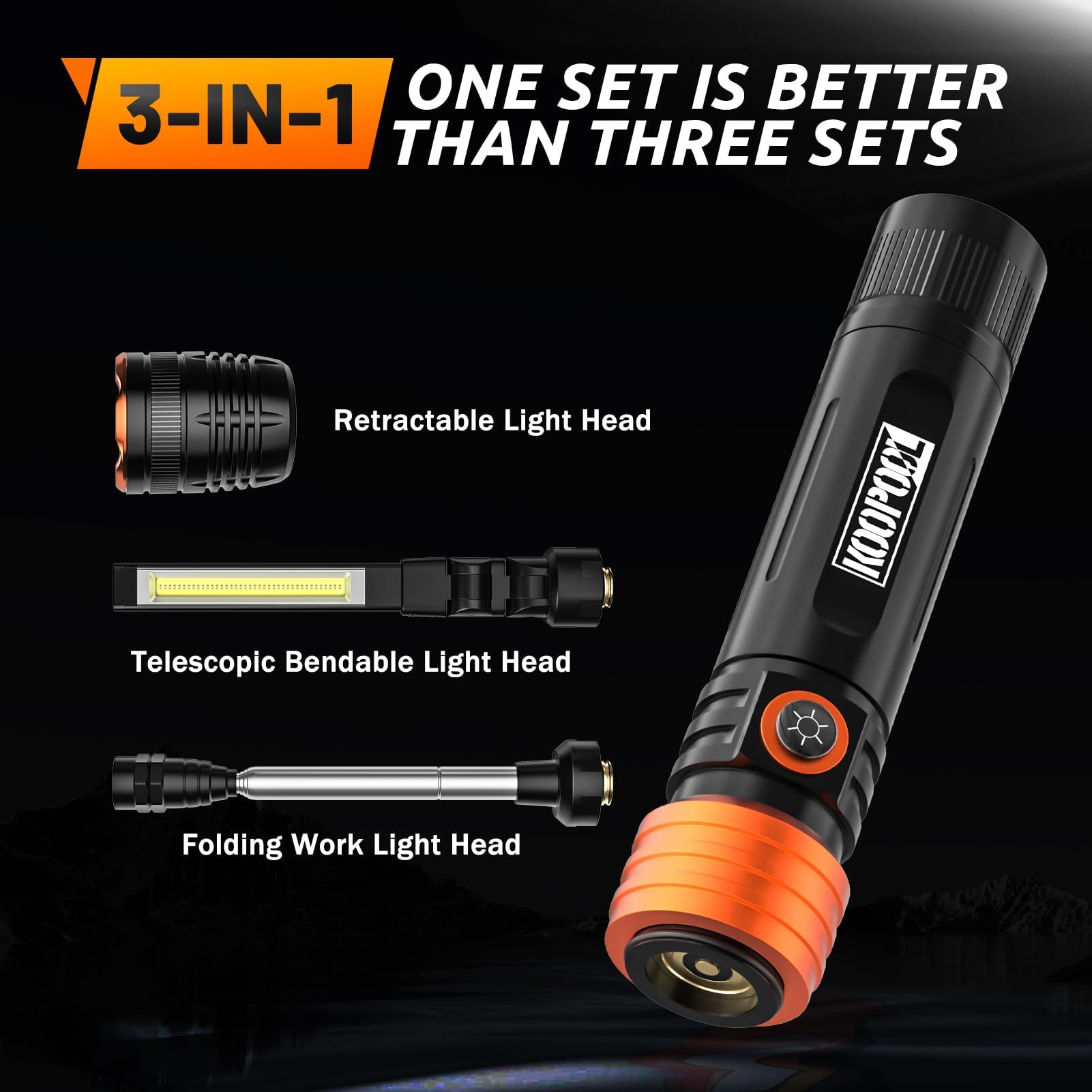 KOOPOOL 3-in-1 Rechargeable Flashlight, 650,000 Lumens, Magnetic Base, Hands-Free, Orange