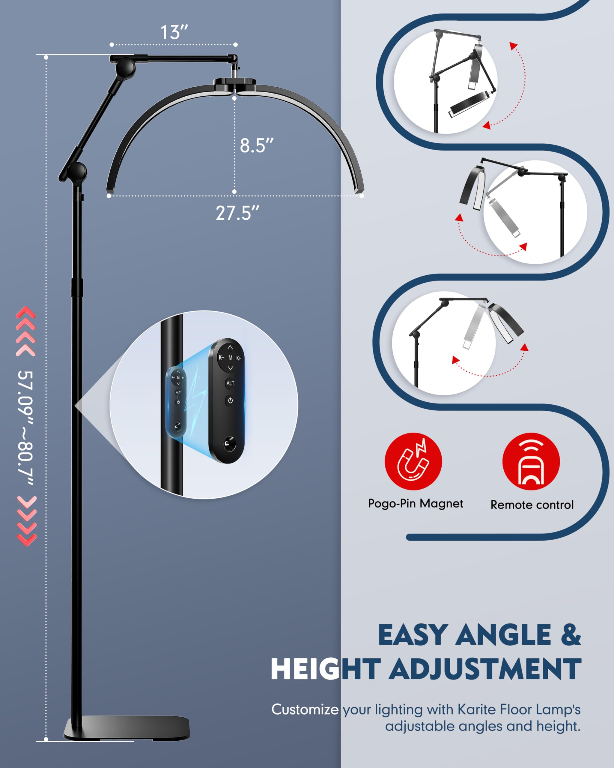 Karite Half Moon Light For Lash Tech, Led Floor Lamp For Eyelash Extensions With Phone Holder, Adjustable Angle(3 Joints) & Heig