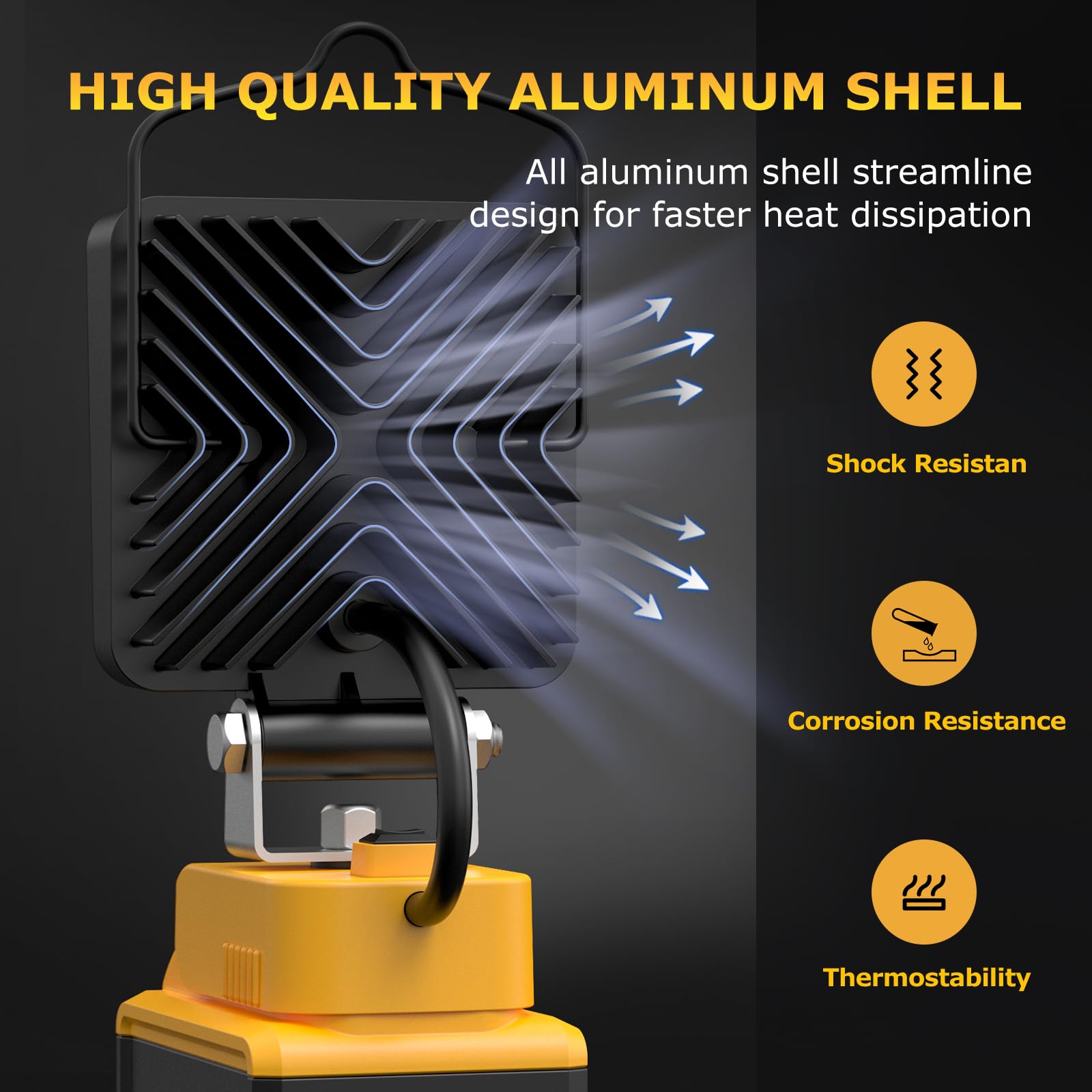 LANKA LED Work Light - 48W 7200LM, Cordless, USB & Type C, 180° Adjustable, Black and Yellow, Model LK-DBL-01 (Battery