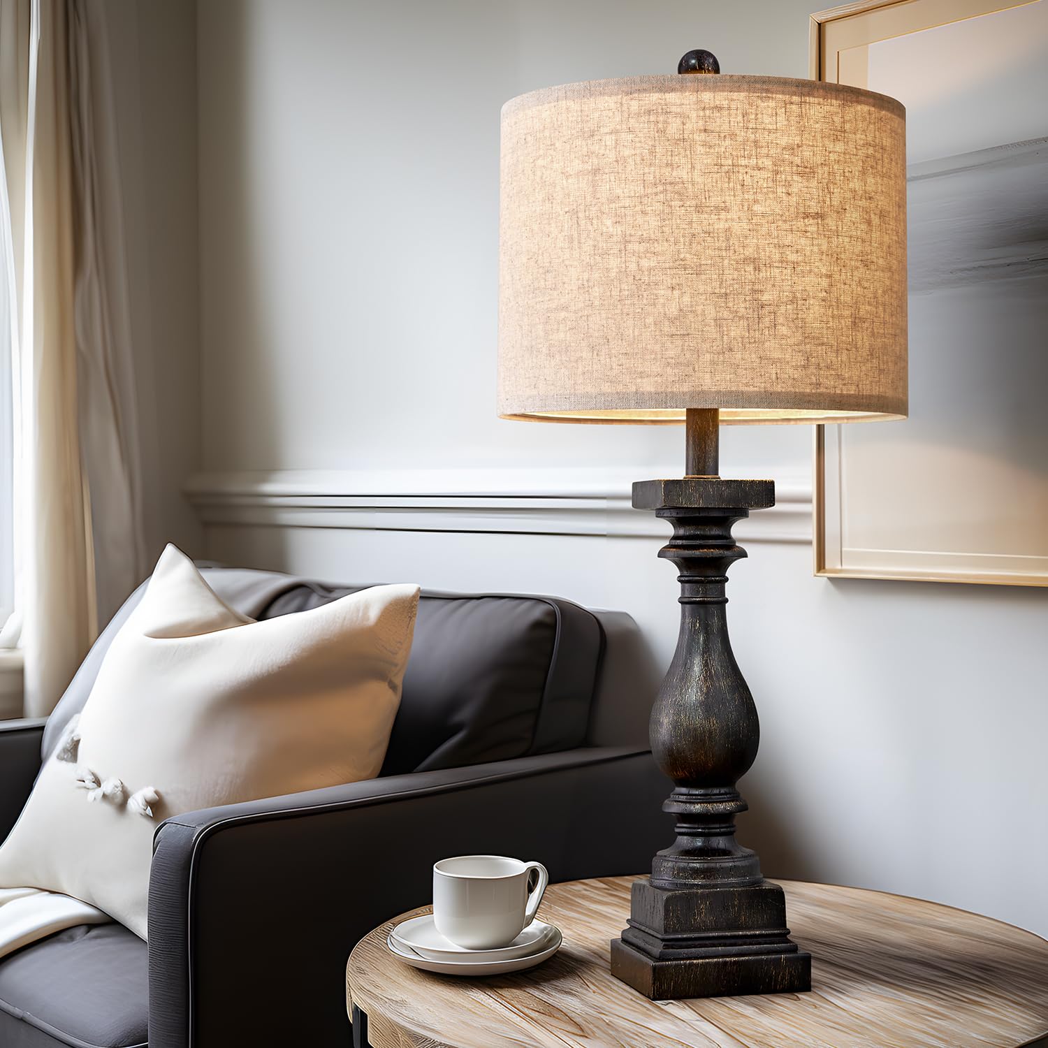 BOBOMOMO 27" Farmhouse Table Lamp Set of 2 - Vintage Rustic Bedside Lamps with USB A+C - Black, Model AMZ-T279USB-BLG