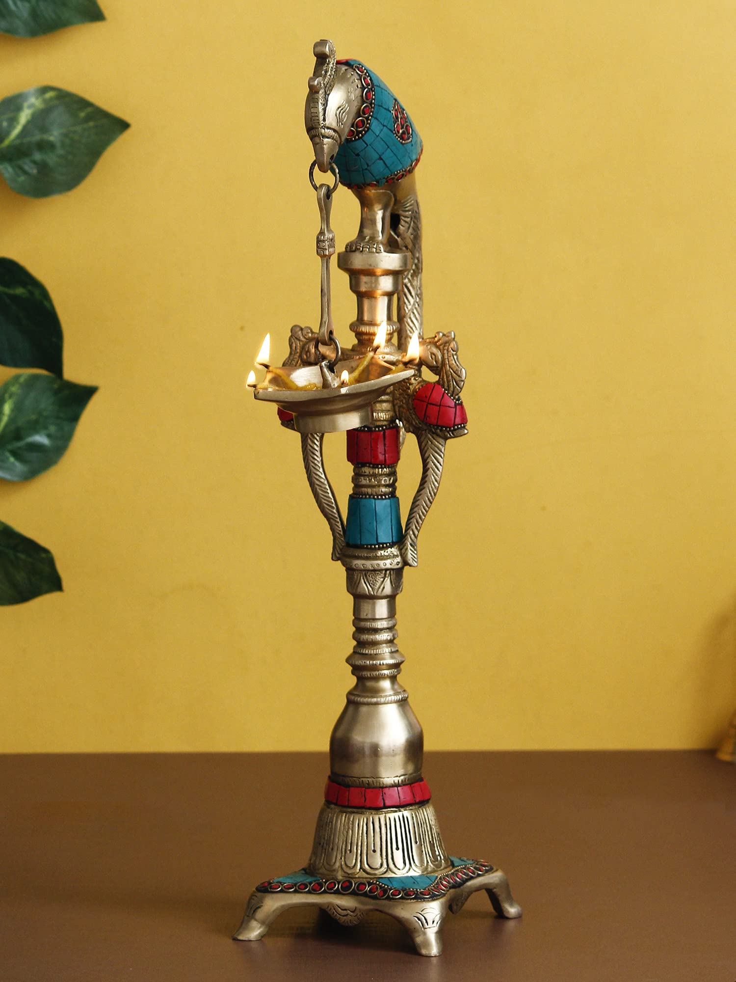 eCraftIndia Handcrafted Parrot Design Decorative Brass Showpiece Diya for 5 Wicks with Colorful Stone Work