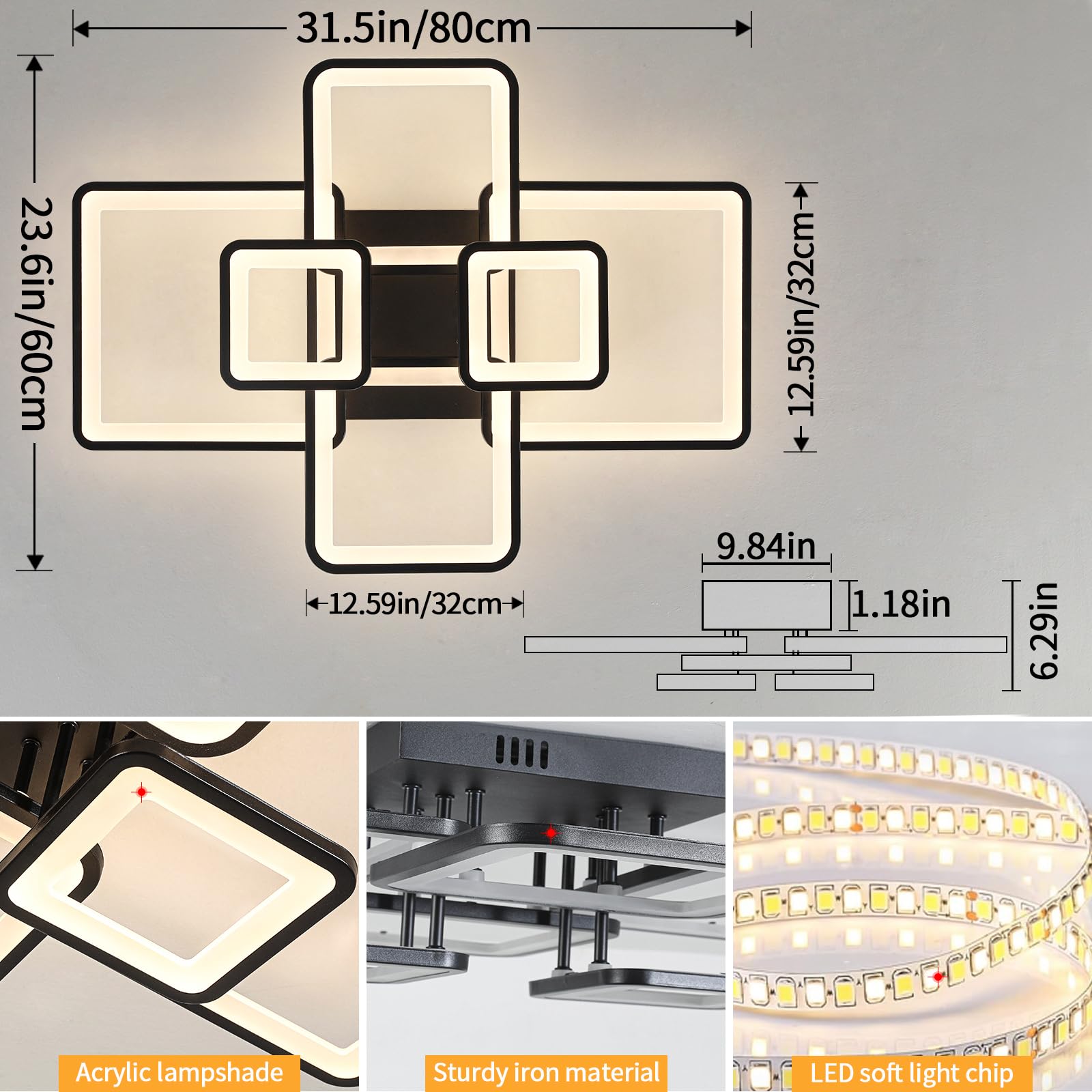Shine Luest Modern Led Ceiling Light Fixture Black Kitchen Lighting Fixtures Ceiling For Bedroom 31.5'' Dimmable 6 Ring Square C
