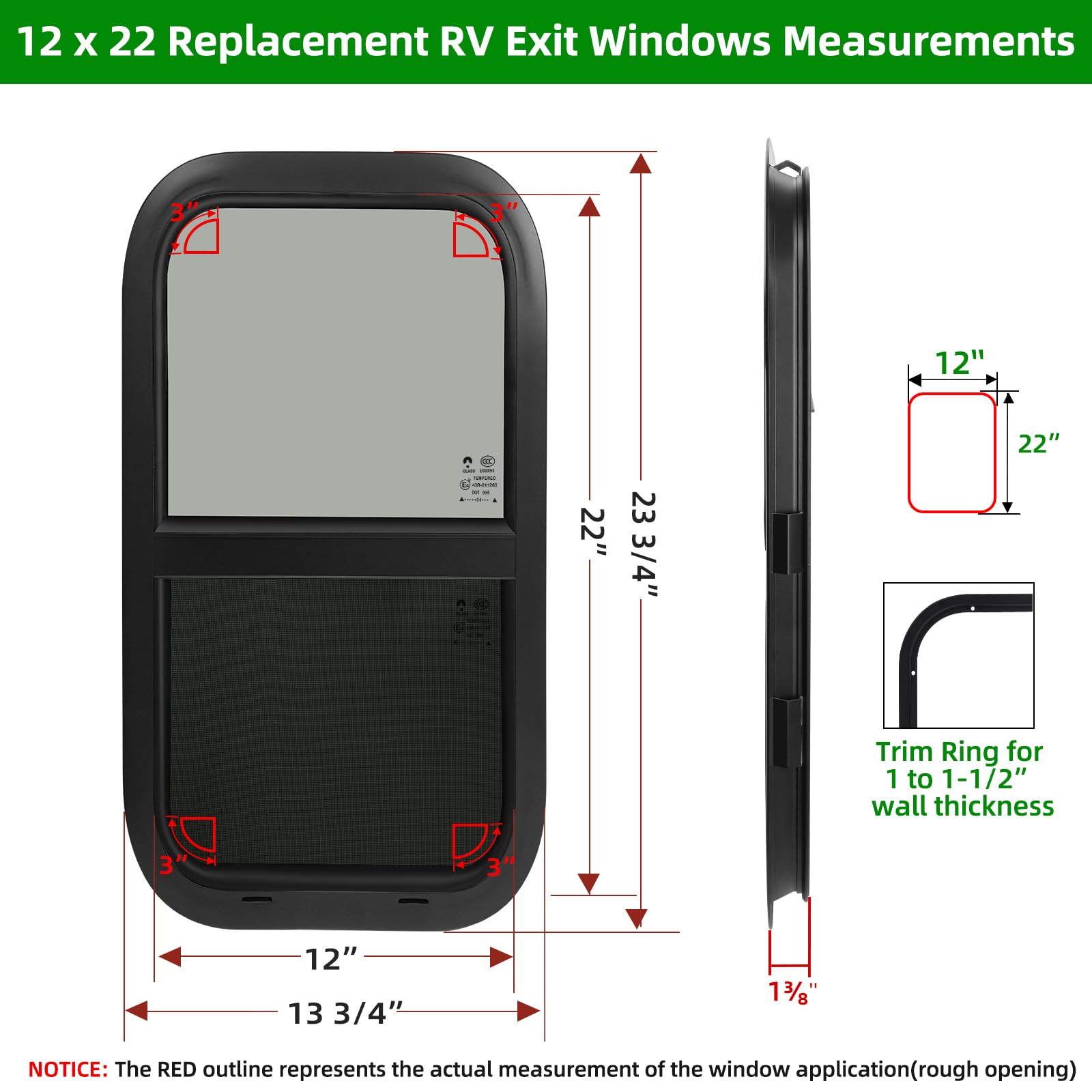 NOVINO Cargo Trailer Window, 12inW x 22inH Vertical Sliding Replacement, Fits 15/16in or 1-3/8in Thick Wall, Green, Model NRW-002