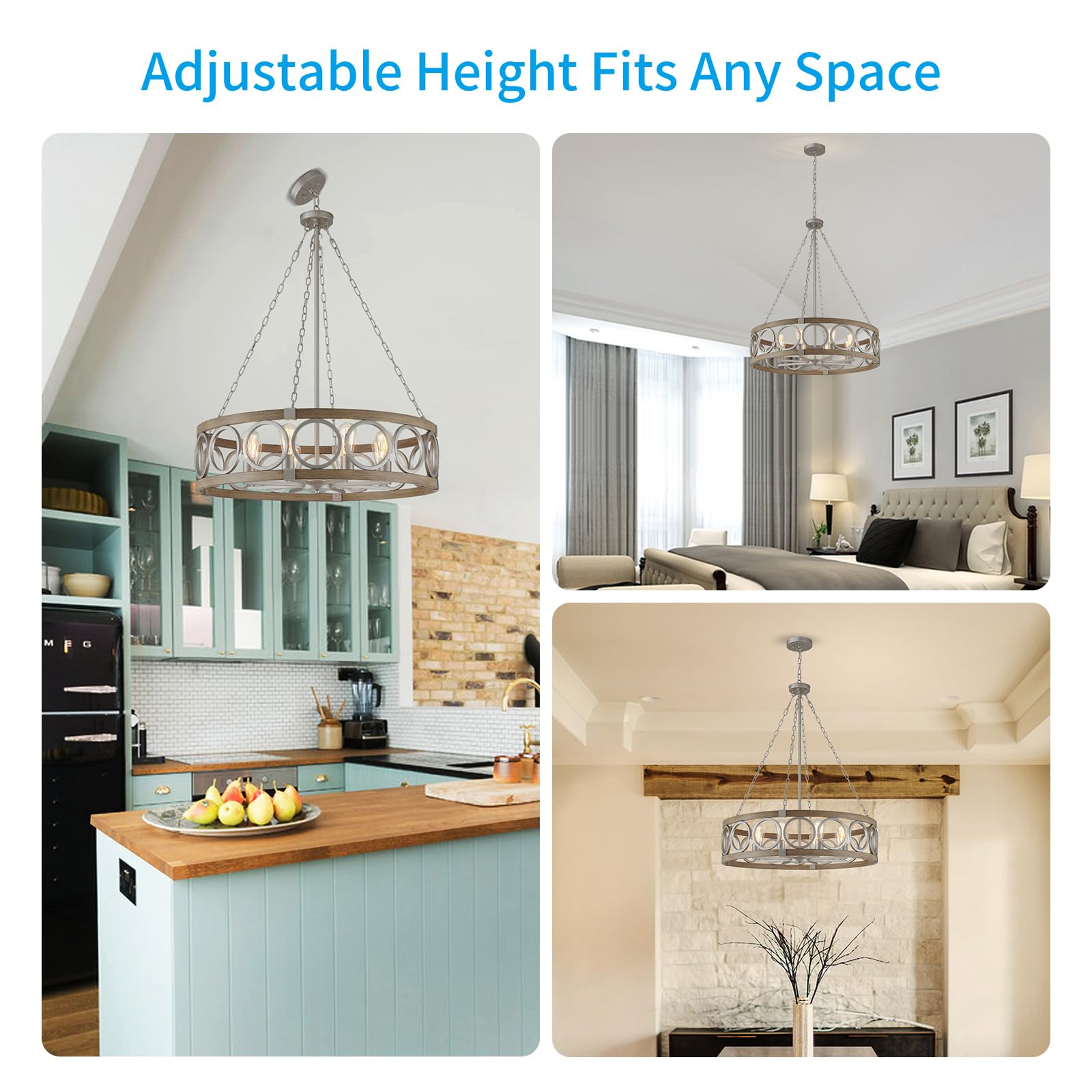 Xingqi 8-Light Modern Chandelier Large Round Drum Chandeliers For Dining Room 32.3" Rustic Pendant Brushed Nickel Light Fixture Over Table Farmhouse Metal Wood Grain Finish