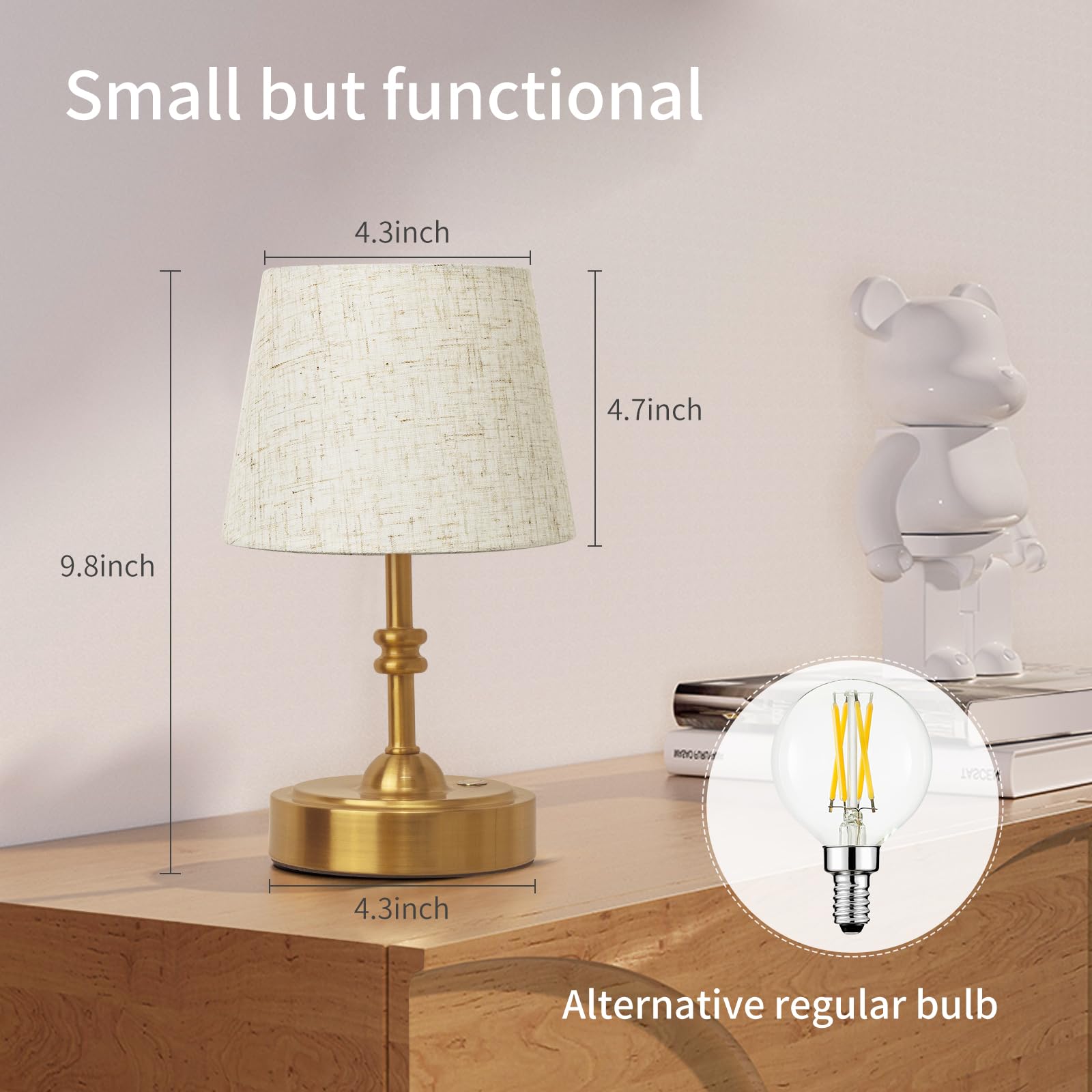 Onewish Small Cordless Lamp, Battery Operated Table Lamp Dimmable, 4000Mah Rechargeable, Touch Bedside Lamp With Beige Linen Fab