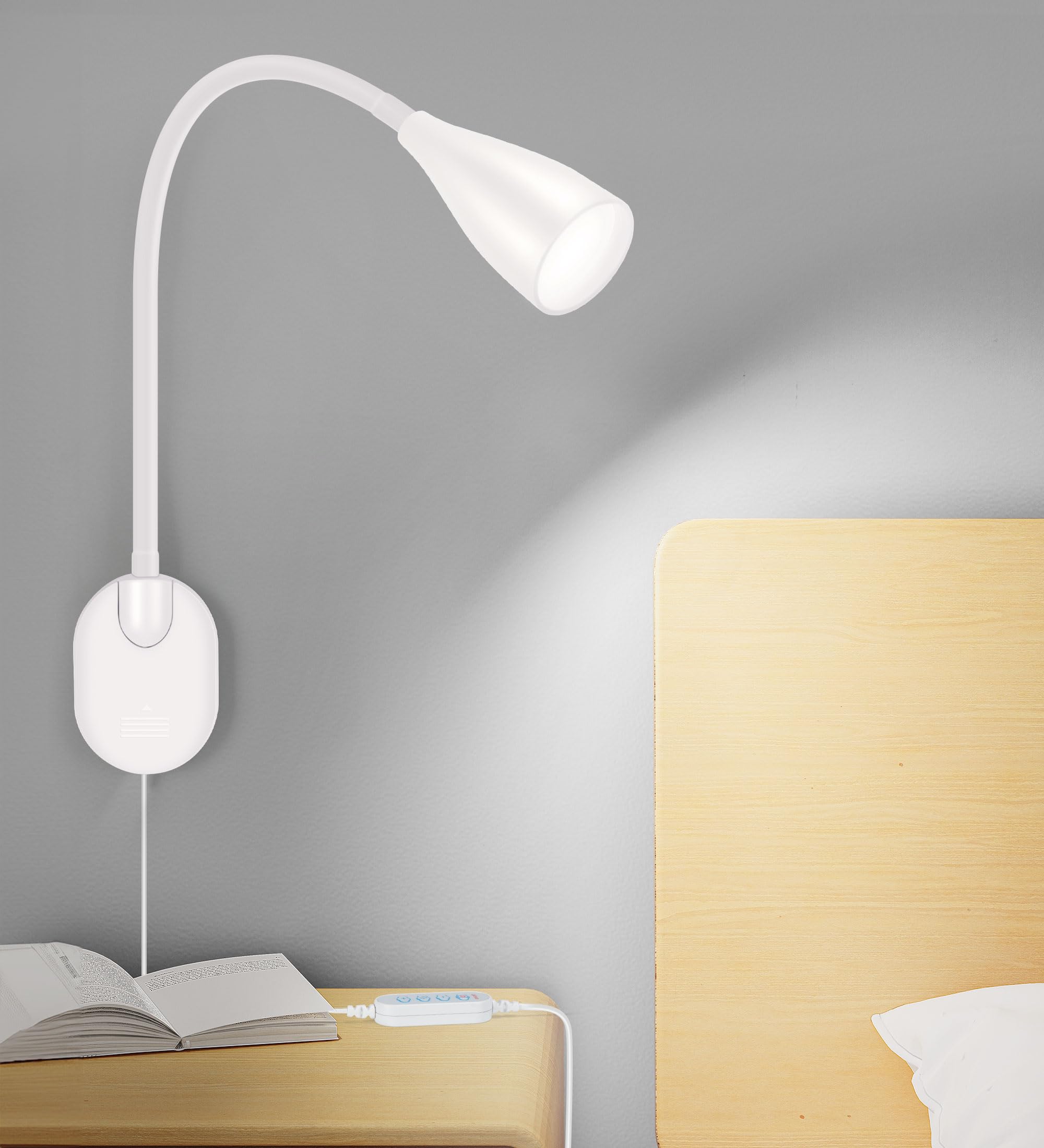 LiFMIRA Wall-Mounted LED Bedside Reading Light with USB Charging Port  10-Level Dimmable & Adjustable 5 Color  Plug-in Adhesive Night Lamp for Books in Bed  Eye-Caring Bedroom Lighting (White)