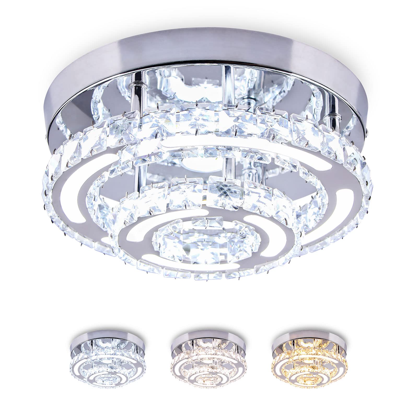 CXGLEAMING Modern LED Ceiling Light Chandelier, K9 Crystal, Stainless Steel, 3 Color Light, Round Small, Variable Light