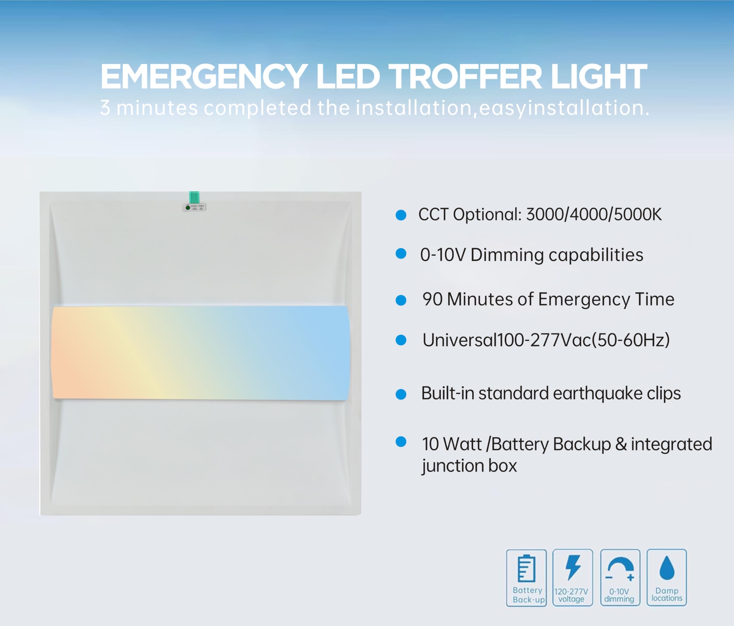 Led Energy Plus 2X2 Ft Dimmable Led Troffer Light 40W, 5200 Lumens, Emergency Backup,