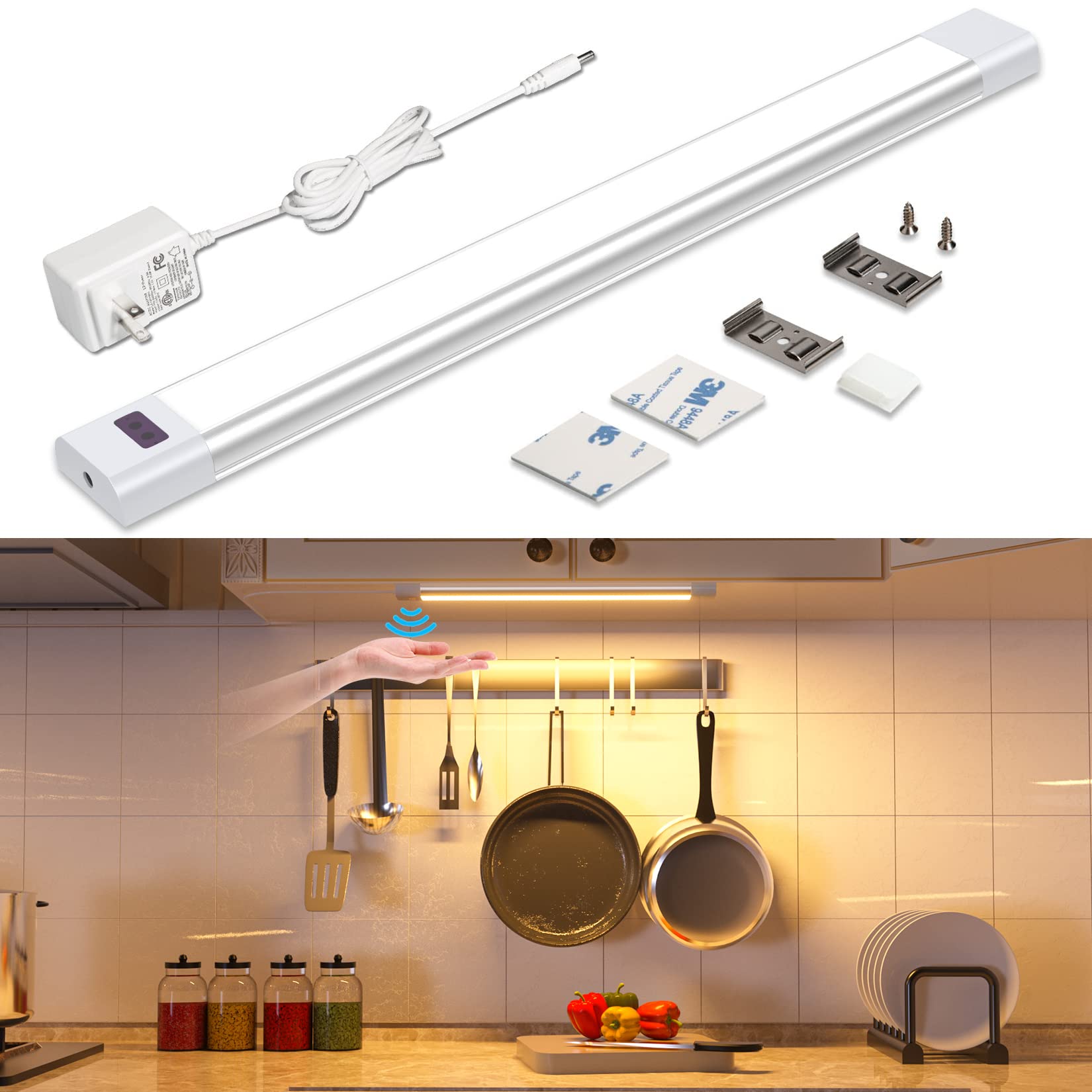 Wobane Under Cabinet Lighting, Plug In Led Light Bar With Etl Adapter, Hand Wave Activated, 12    Cabinet Light Kit For Kitchen,