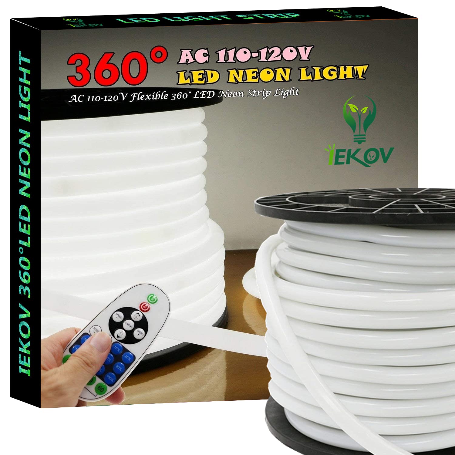 IEKOV [Upgrade] 360 LED NEON Light  AC 110-120V Flexible 360 Degree LED Neon Band Lights  Dimmable & Waterproof NEON LED Rope Light + Remote Controller for Decoration (32.8ft/10m  White)