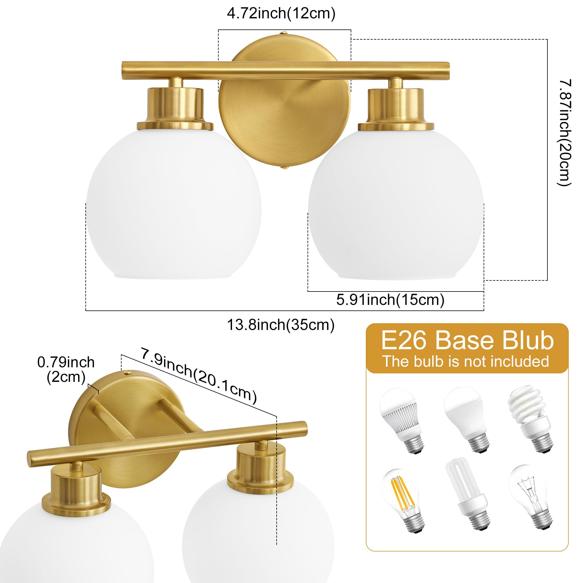 Lanmate Bathroom Vanity Light Fixtures 2-Lights Gold Bathroom Lighting Fixtures Over Mirror With Milk White Glass Shade 13.8 Inc