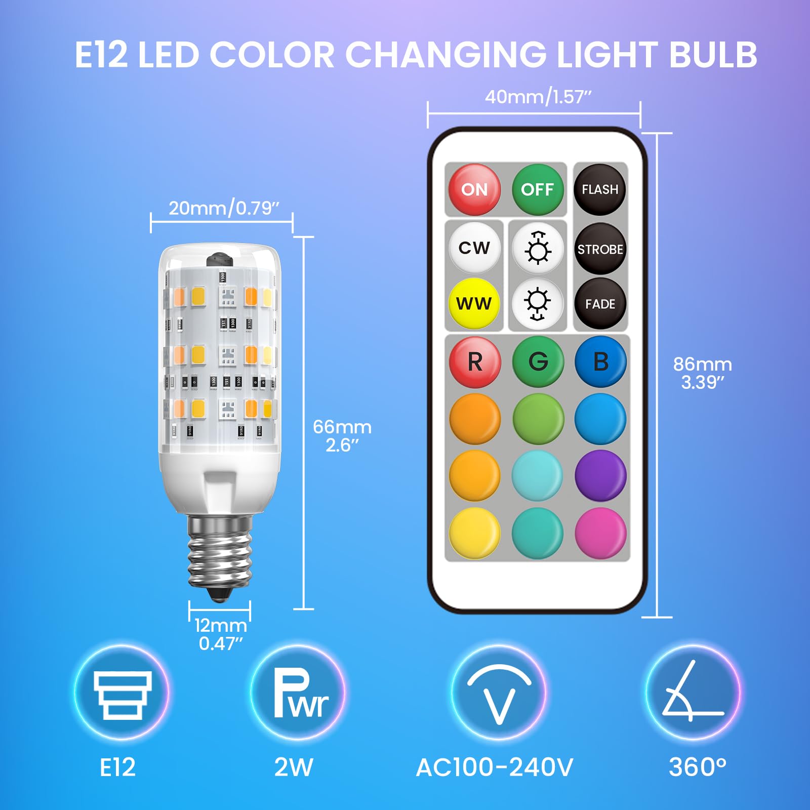 TobeBright Color Changing LED Light Bulb, 2W E12, Multicolor RGB/3000K/6000K, Dimmable, 2-Pack, Plastic, Model HX-