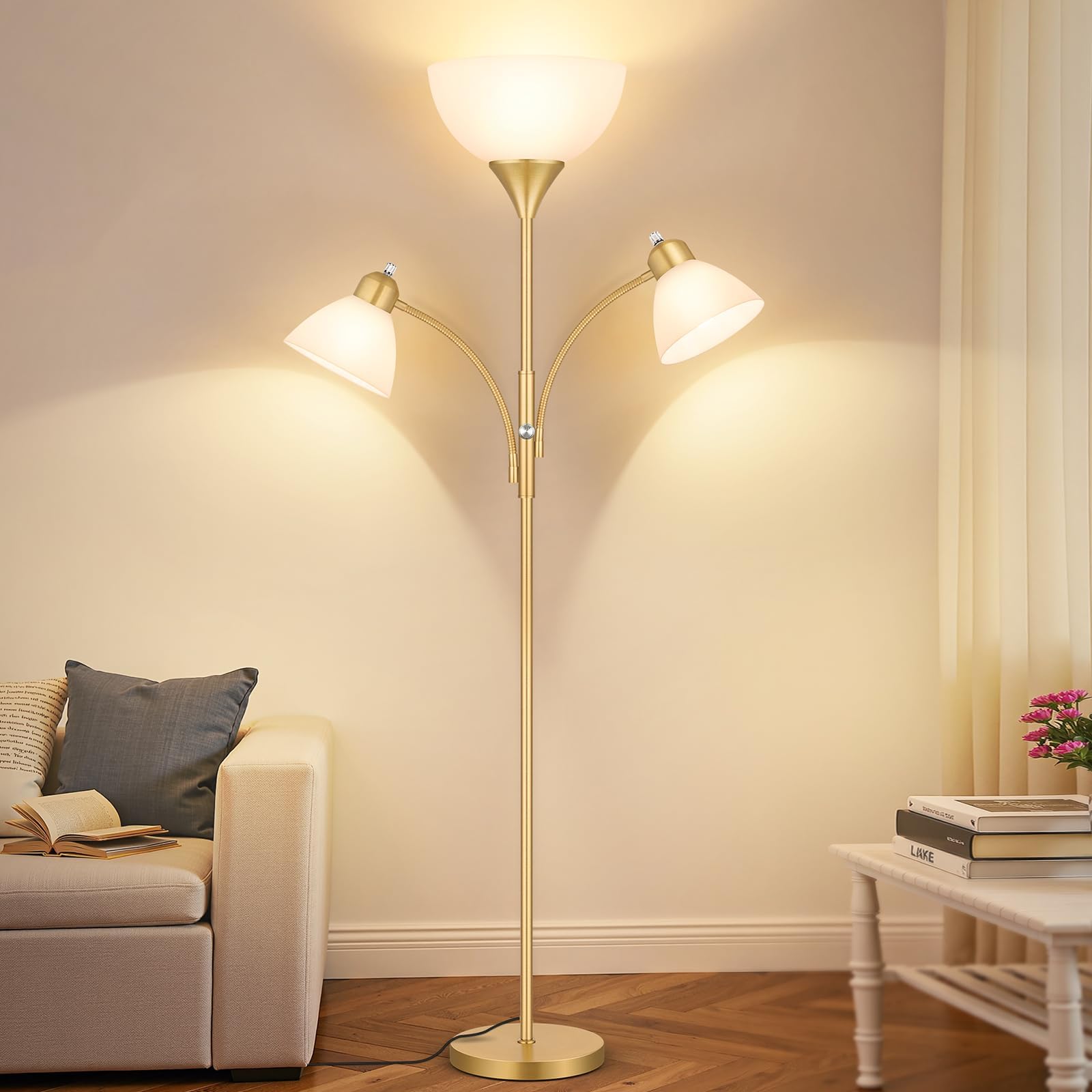 Coucrek Floor Lamp with 2 Reading Lights, 72in Dimmable Torchiere, Gold, Model HD-FL8001, Metal, 3 Bulbs Included