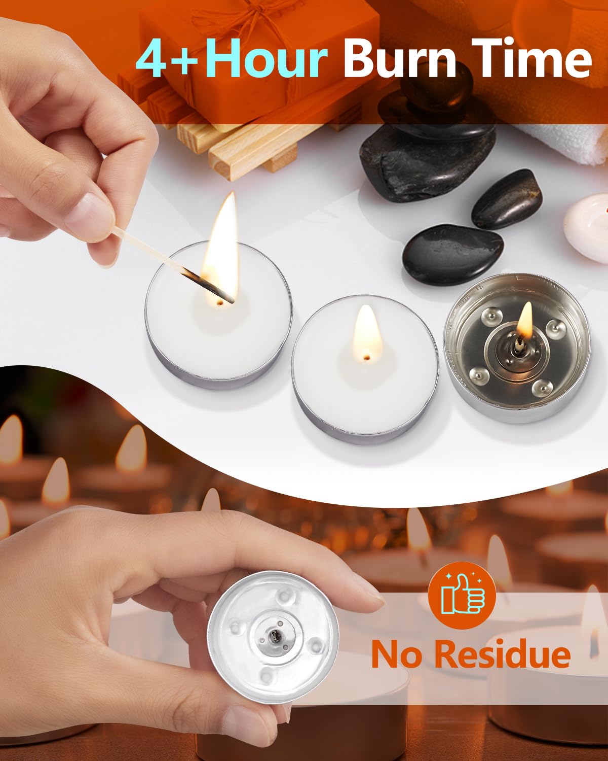 Hypmis Tea Light Candles, 100 Pack, Unscented Smokeless Paraffin, 4+ Hour Burn, White - Ideal for Home, Weddings, Christmas & Halloween Decor