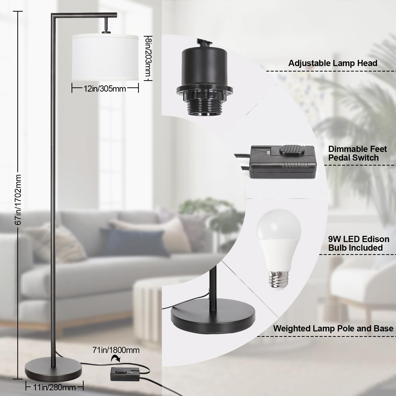 Boncoo Dimmable Black Floor Lamp, Modern Adjustable Drum Shade, Tall Reading Light for Living Room, Bedroom, Office, Model 13046